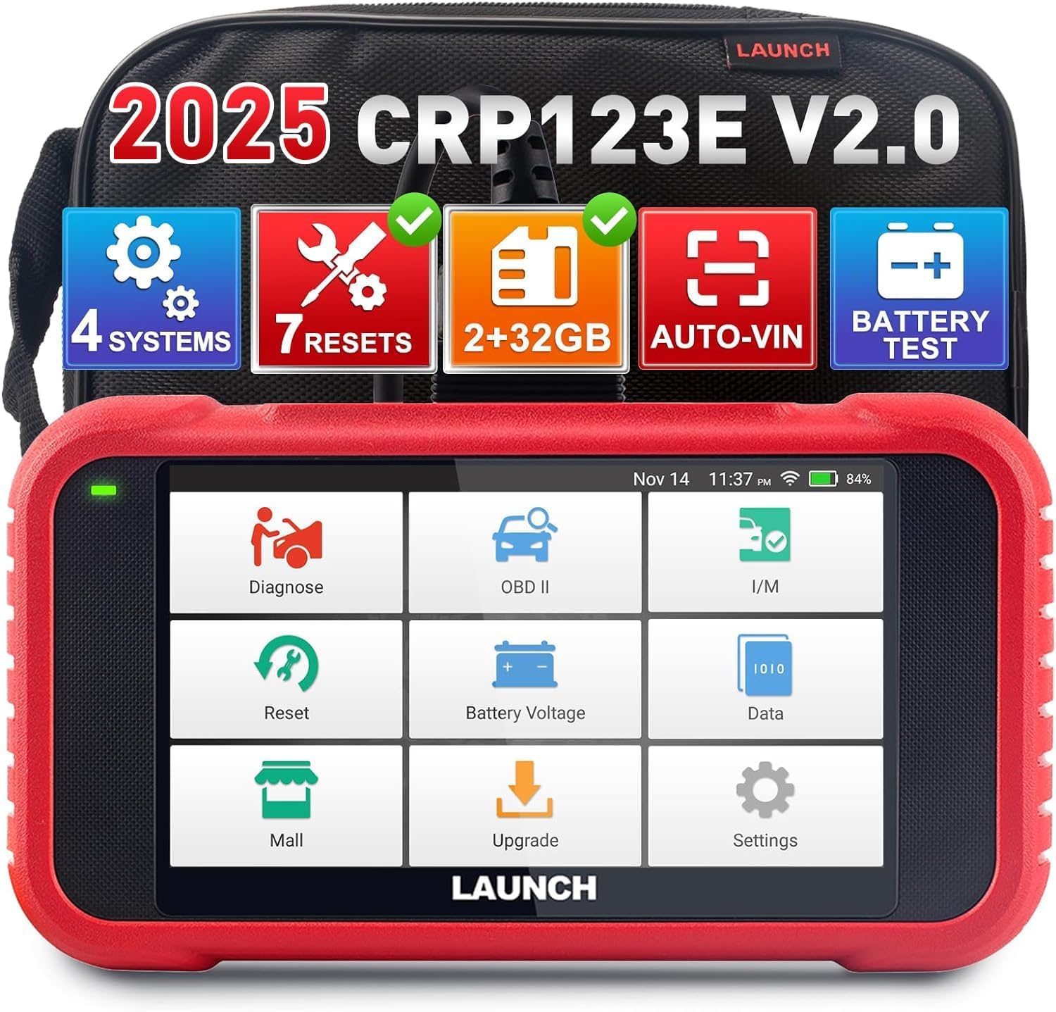LAUNCH CRP123E V2.0 OBD2 Code Reader voor 4 System Engine ABS SRS Transmission, Car Diagnostic Tool met 7 Reset-functie Olie SAS Throttle aanpassing Batterij Test OBDII Scanner Lifetime update