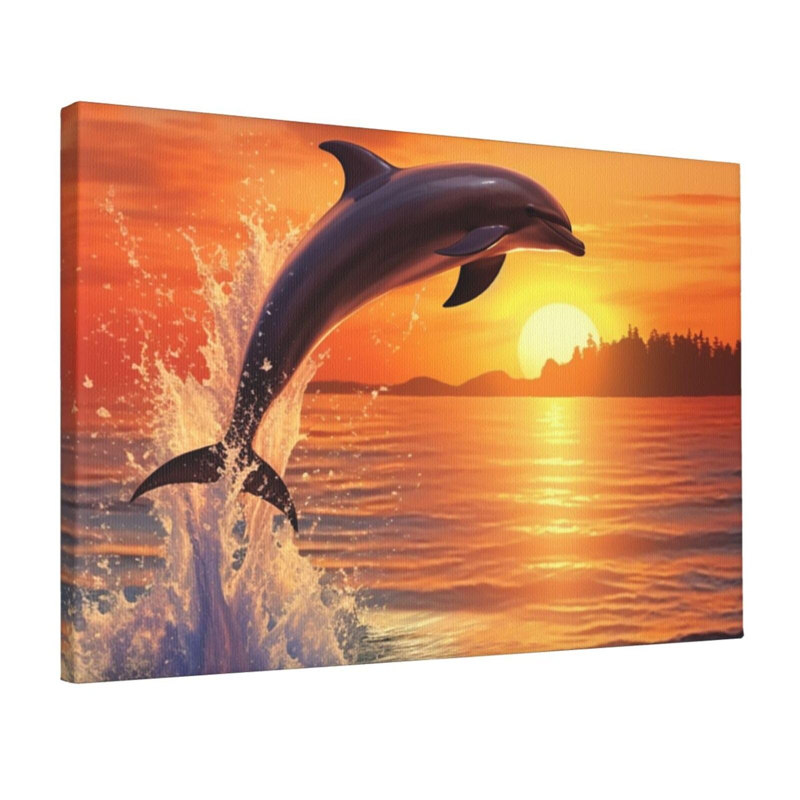 DWVTSLH Sunset Dolphin Poster Paintings Canvas Wall Art Bedroom Prints Home Decor Hanging Picture Modern Home Artworks Aesthetic for Living Room Office Wall Decor 12x18in Unframed