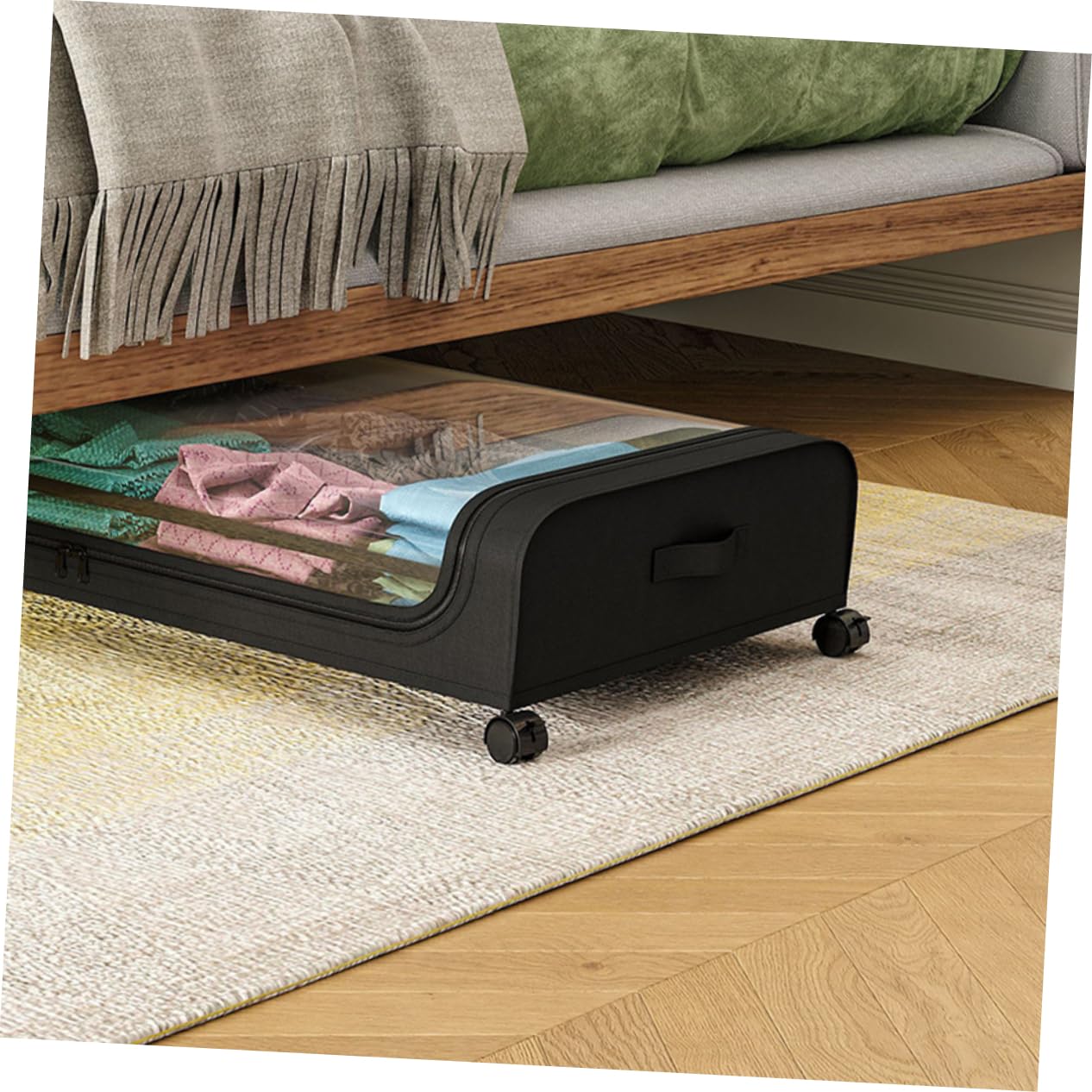 Alipis Scatola di Immagazzinaggio Sotto Letto Nera Coperchio Trasparente | Grande Capacità, Tessuto Non Tessuto, Ferro e Pvc, per Abiti e Coperte, Formato Compatto