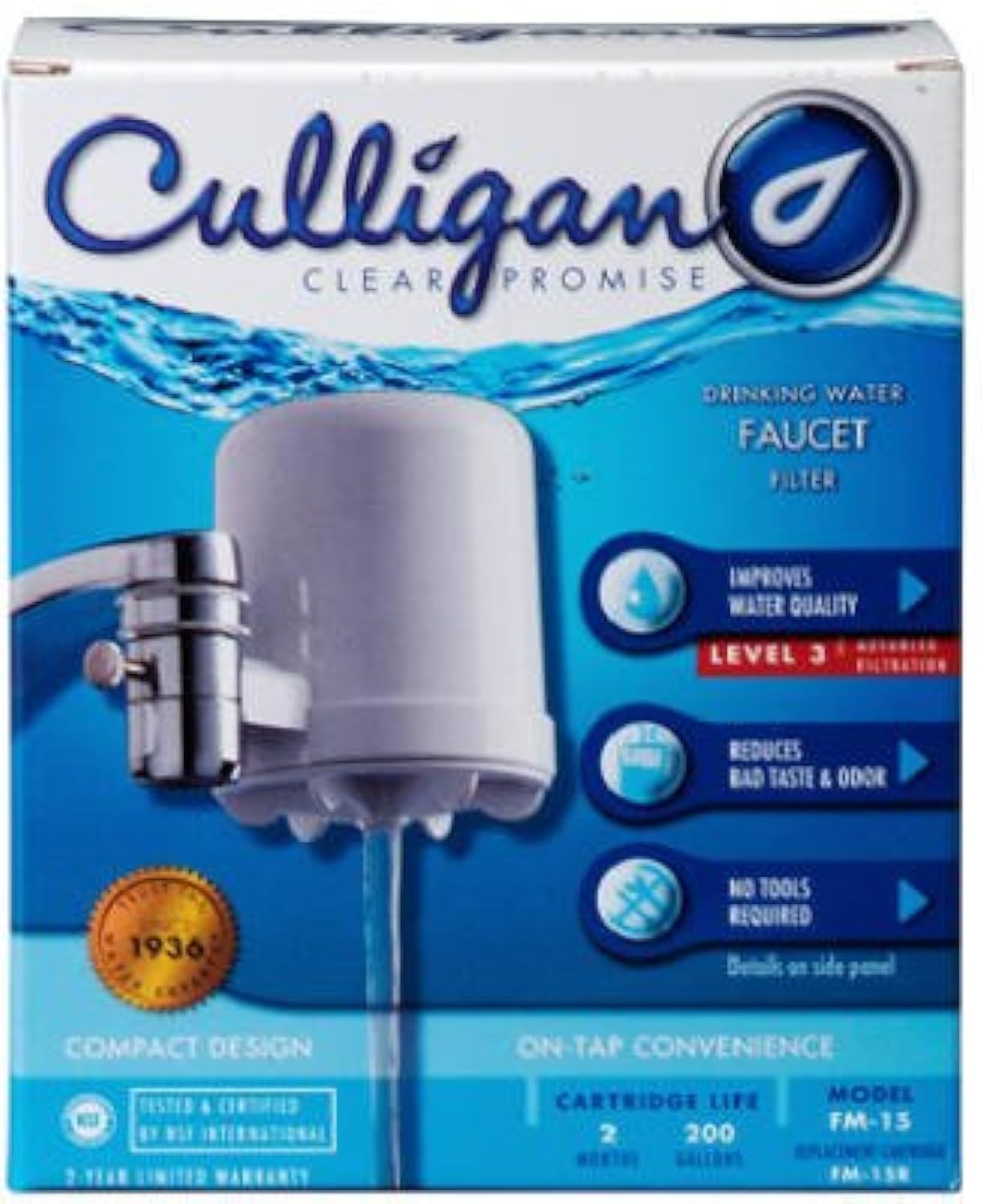 Culligan FM-15A Faucet Mount Water Filter packaging showing the filter unit, brand logo, and key features like improved water quality and no tools required for installation.