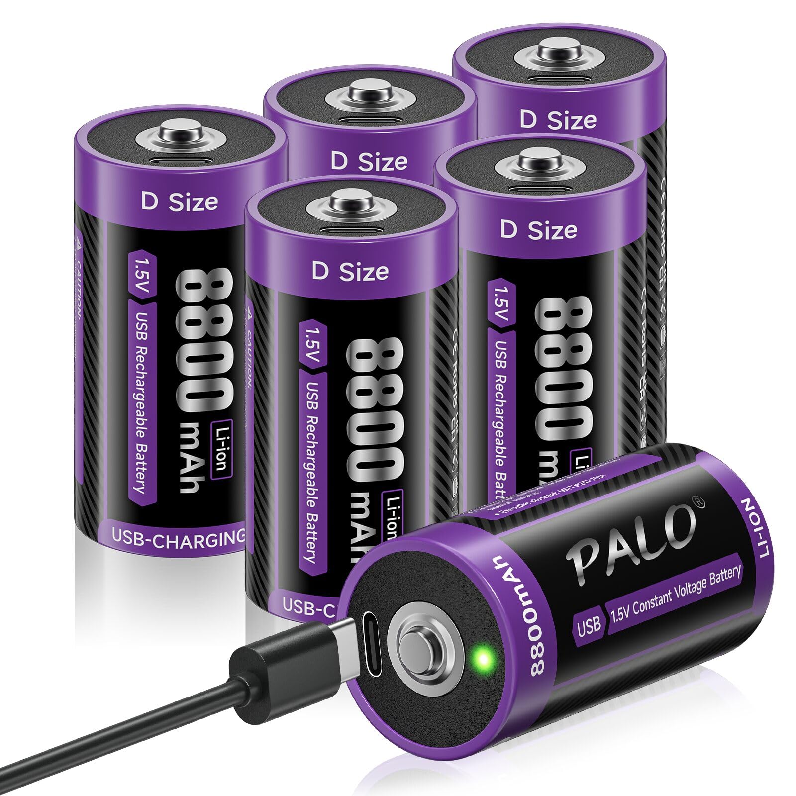 1,5V Baterías Litio USB-C D LR20 8800mAh Batería Carga Rápida Tipo-C Baterías con Cable de Carga, Baja Autodescarga, con Luz de Carga, 1500+ Ciclos, Paquete de 6 Baterías D