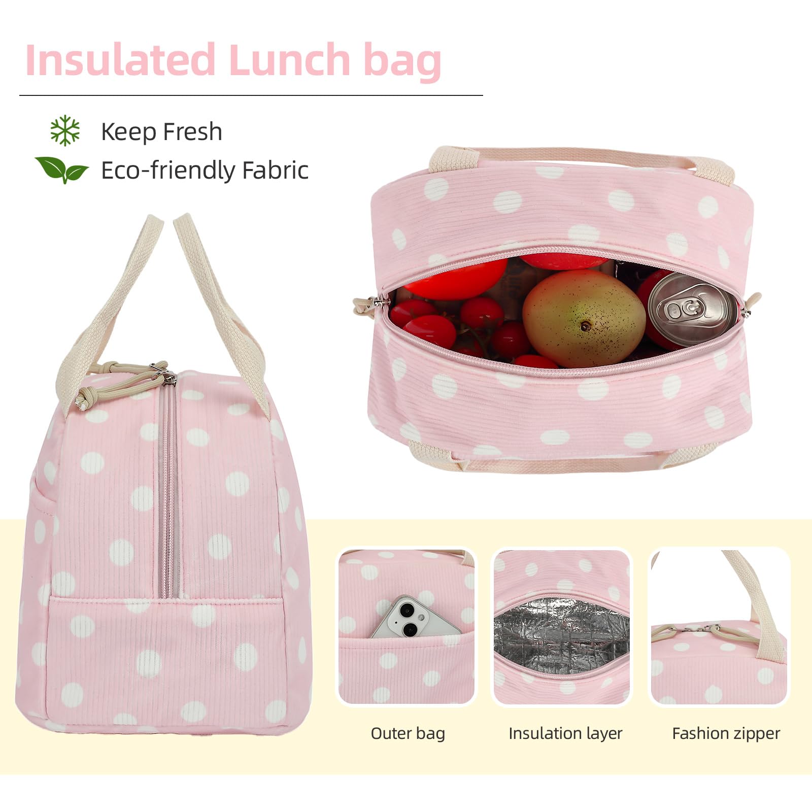 3-teiliges Schulrucksack-Set aus Cord für Mädchen, Kinder, großes Fassungsvermögen, Schultasche, Büchertaschen-Set mit Lunchbox und Federmäppchen, Cord, gepunktet, 16.5" x 11.9" x 6.3", Casual