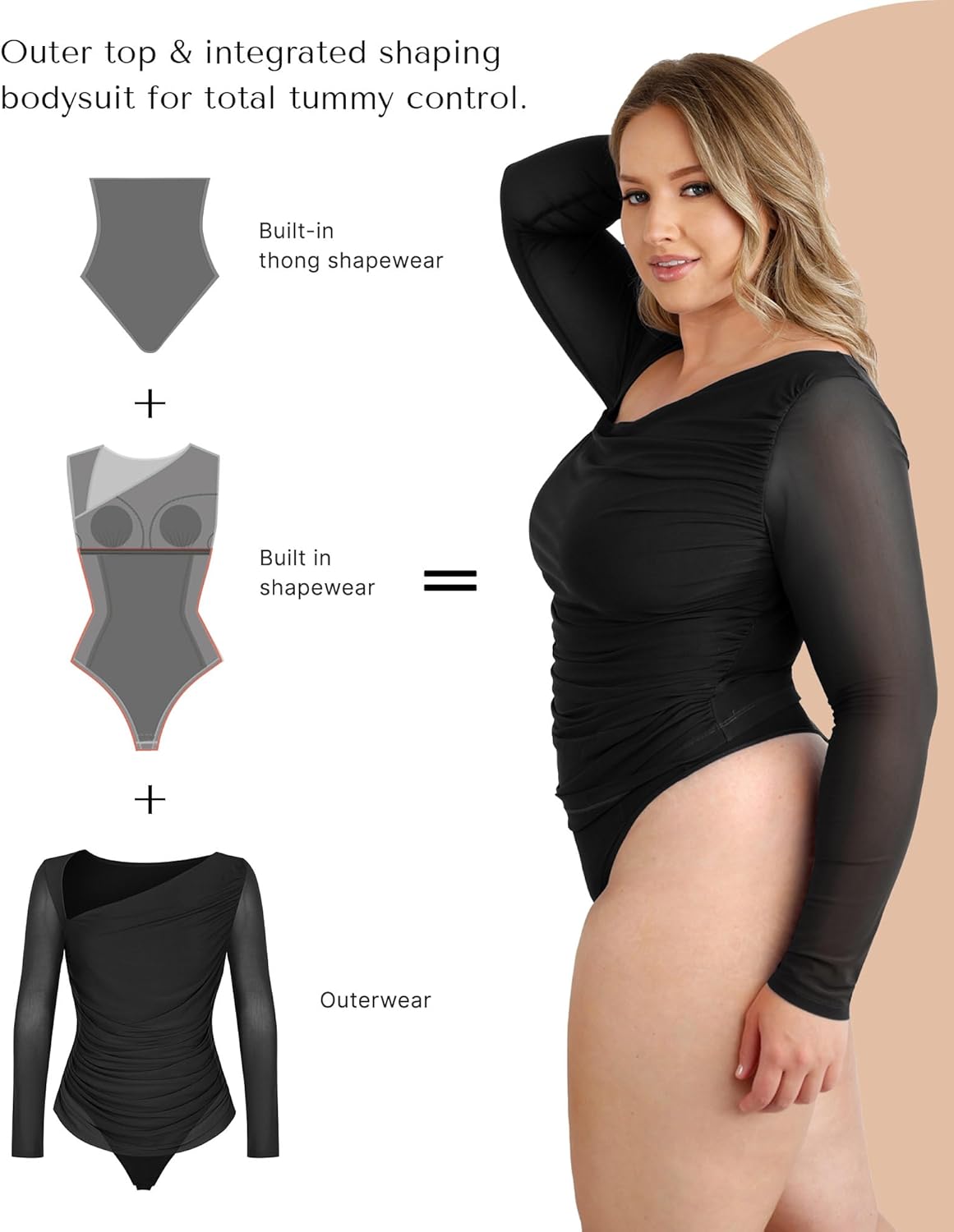SHAPELLX Long Sleeve Bodysuit Tummy Control Shapewear Built in Bra 2 in 1 Bodysuit Tops Thong Full Body Shaper for Womens - Image 3