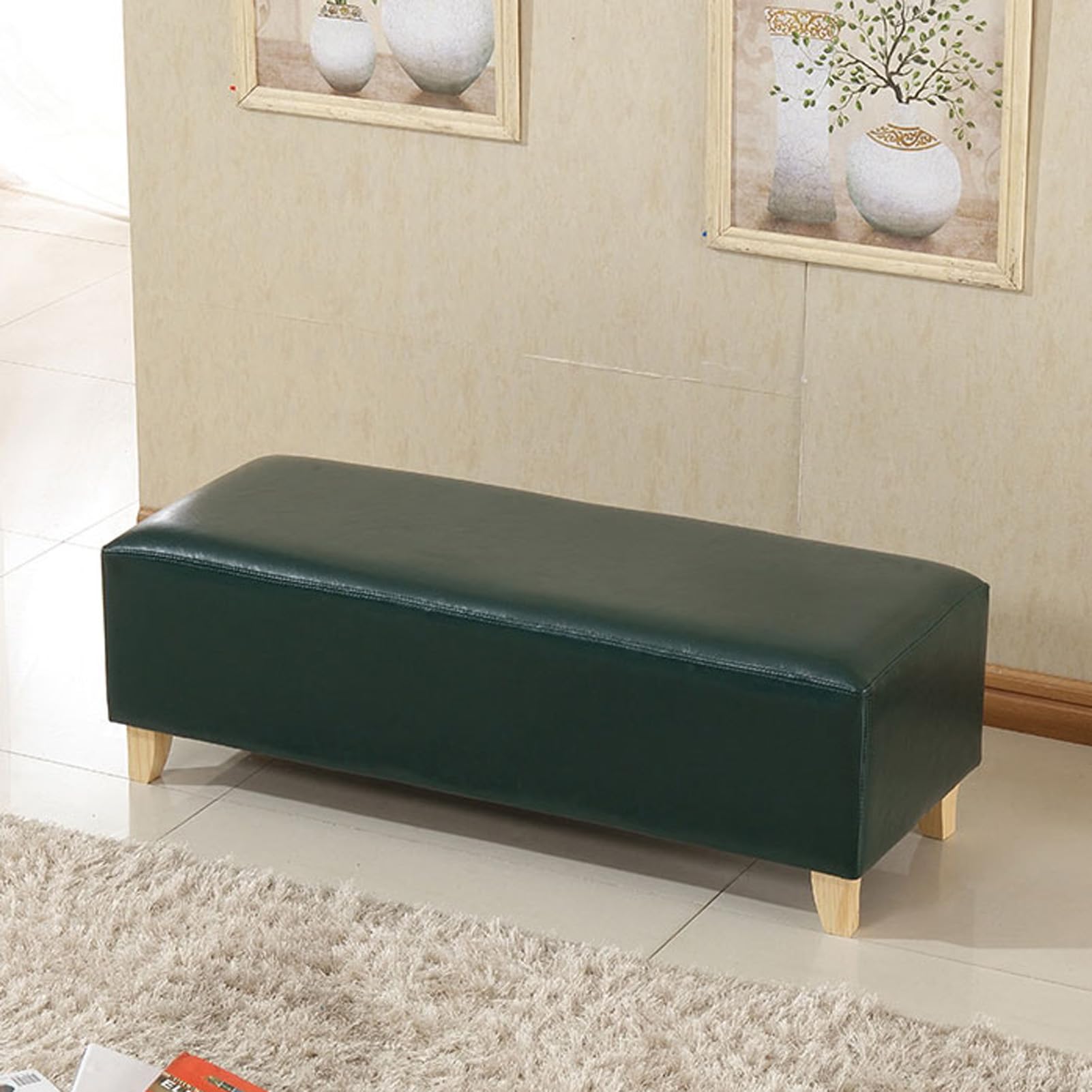 Banco de zapatos rectangular acolchado con patas de madera para entrada y dormitorio