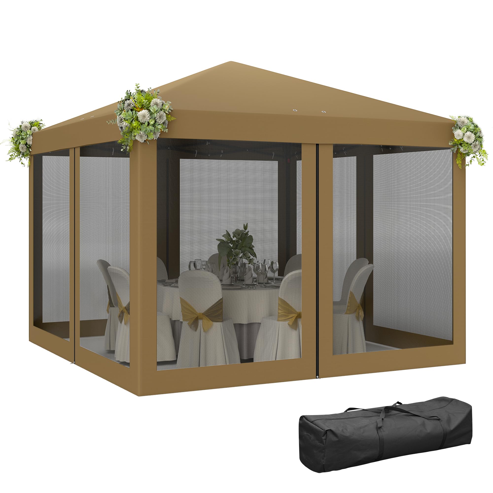Outsunny 3 x 3 m Pop Up Gazebo, 420D Garden Tent Canopy with Removable Mesh Sidewall Netting, Carry Bag for Garden Patio Outdoor, Khaki