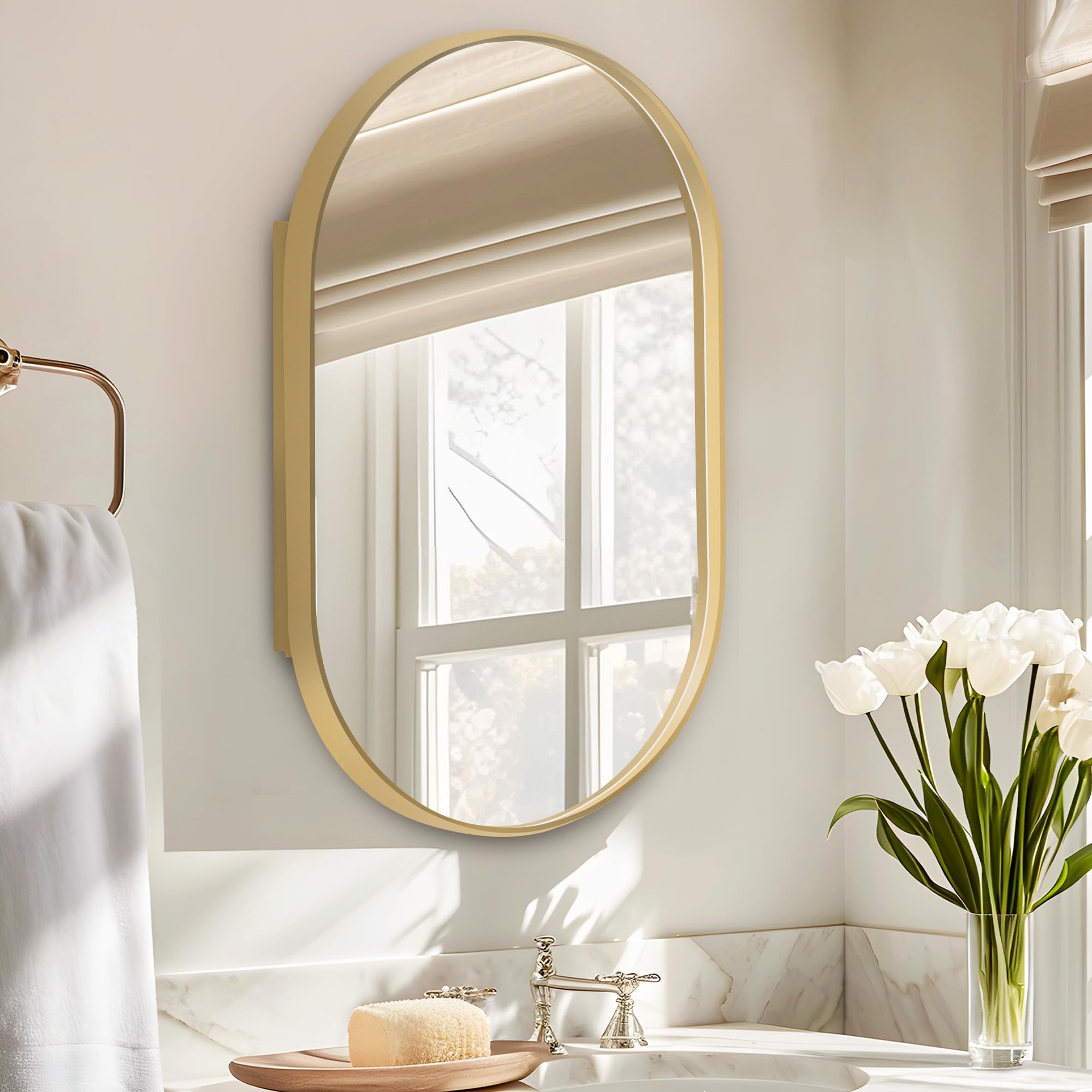 DlandHome Oval Bathroom Medicine Cabinet with Mirror, 34”x20” Recessed Medicine Cabinet for Bathroom with Beveled Edge Mirror,Golden