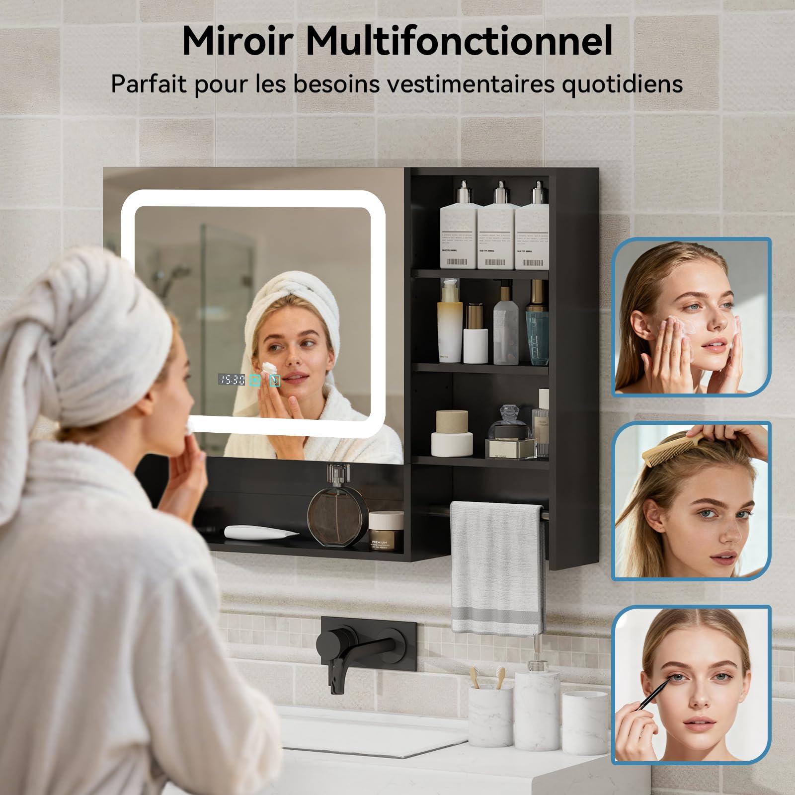 YU YUSING Armoire Salle de Bain avec Miroir LED 80x60cm, Meuble de Toilette Suspendu avec 6 Étagères et Porte-Serviettes, Hauteur Réglable, Anti-Buée, 3 Températures de Lumière Réglables, Noir
