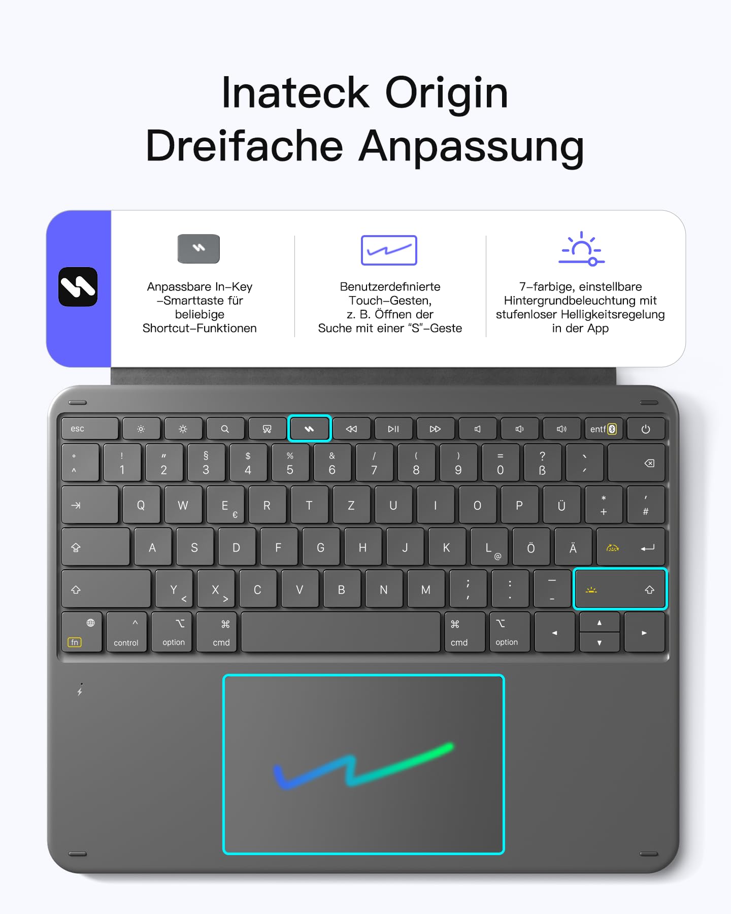 Inateck Tastatur Hülle für iPad Air 13 Zoll (2026/2025/2024,M4/M3/M2),Tastatur für ipad Pro 12.9 Zoll,6" Großes Trackpad,Abnehmbar,QWERTZ,7 Farben Hinterleuchtet,mit Stifthalter,AceTouch