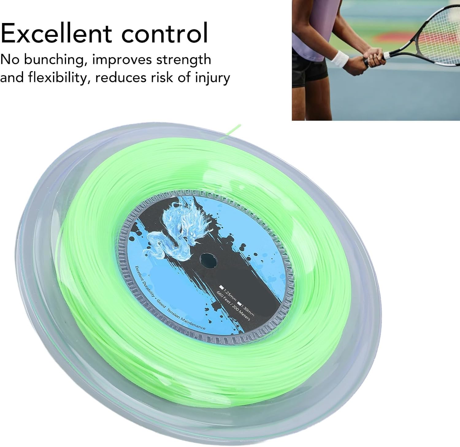 Tennis String, Durable Fluorescent Green Polyester String 200m Reel for Training Practice Matches Beginners Intermediate Players Professionals