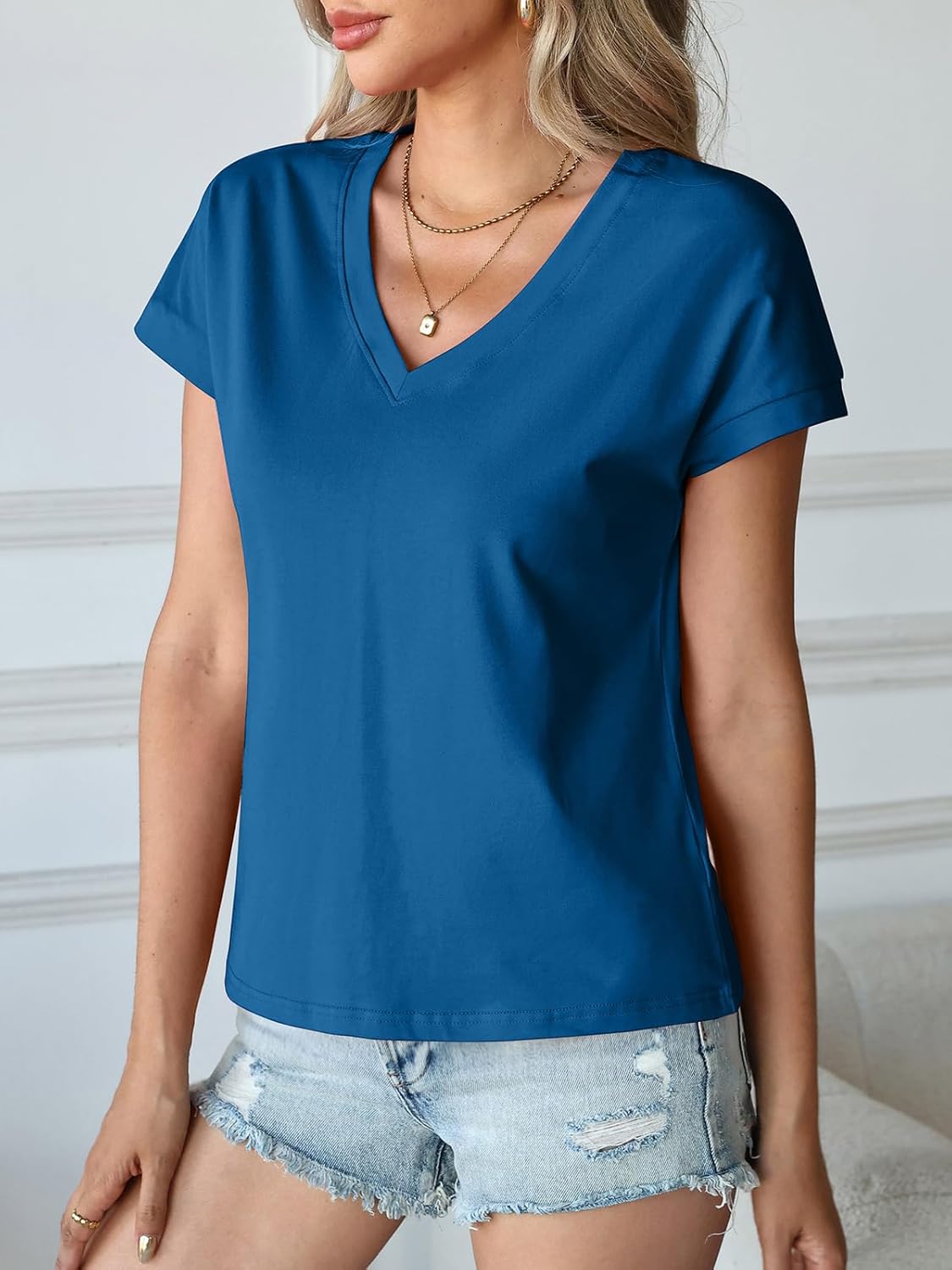 Womens Cap Sleeve Tops Cropped T Shirts Cotton V Neck Boxy Loose Fit Tee Short Sleeves Summer Fashion - Image 6