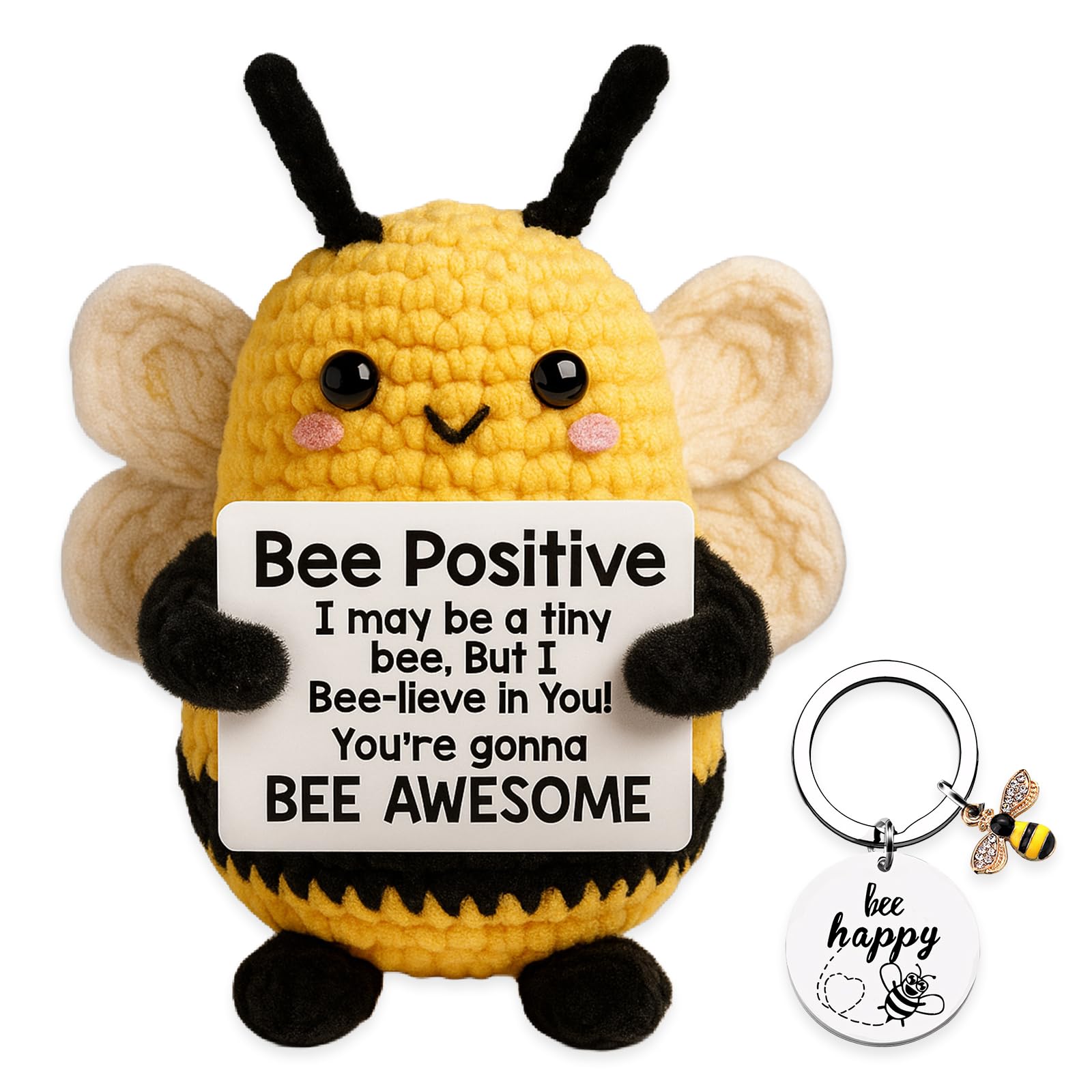 BeoTnp Emotional Support Gift, Bee Gifts, 2pcs Bee Gifts for Women, Bees Crochet Animal With Positive Card and Keychains, Good Luck Gifts for Friend And Colleagues Birthday Party