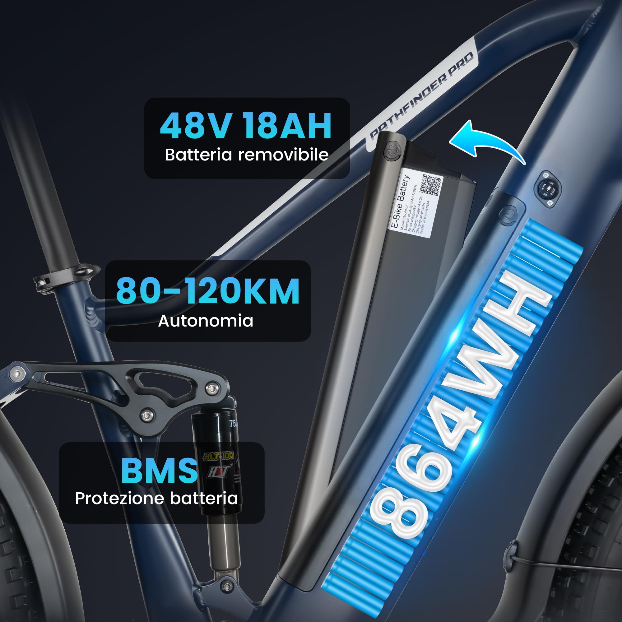 Rattan Pathfinder PRO Bicicletta Elettrica da 26" Fat Tire per Adulti, 48V 18Ah 864Wh, Autonomia Fino a 120km, Freni e Sospensioni Idrauliche, 7 Velocità