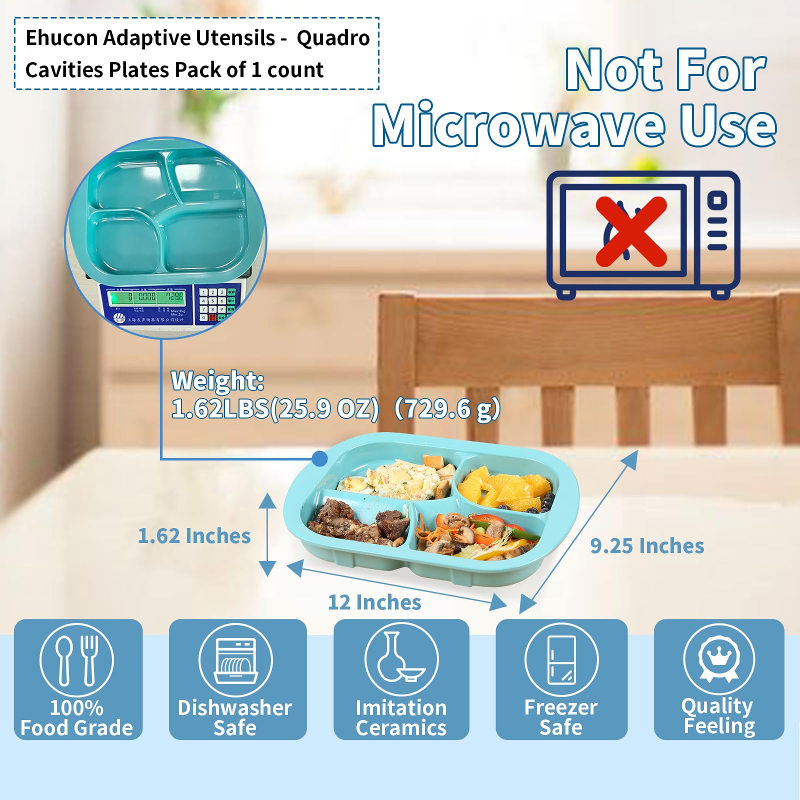 Plato adaptativo a prueba de derrames para temblores, demencia, accidente cerebrovascular, plato dividido de melamina para ancianos, parkinson para autoalimentación, vajilla antideslizante y
