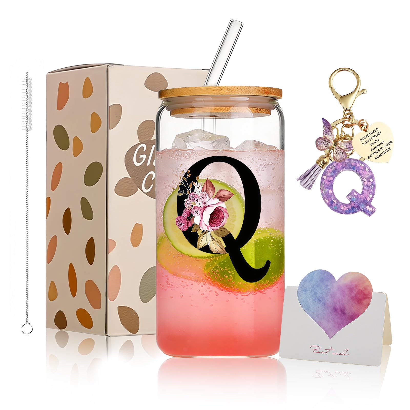 AWSOLAR 17.6oz Glass Cups with Lids and Straws, Q Iced Coffee Cup