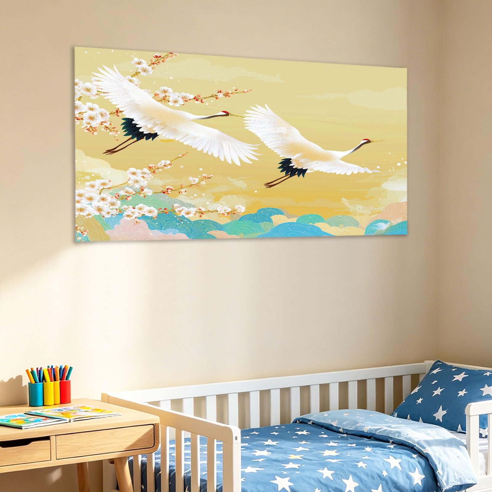 Deco Cadre Décoration Salon Deux grues en vol Impression sur Toile 70L x 50W cm Tableau Decoration Murale Chambre Cuisine Vecteur de Style Japonais Horizontal Art Wall Tableaux Decoratifs Muraux