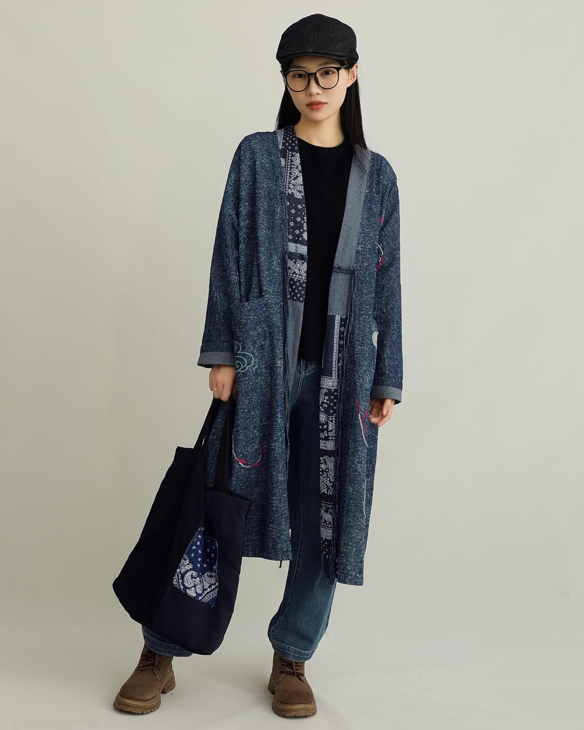 Boho Casual Women’s Denim Blue Cotton Long Cardigan Coat with Patchwork Embroidery Open Front Kimono Loose Fit Jacket