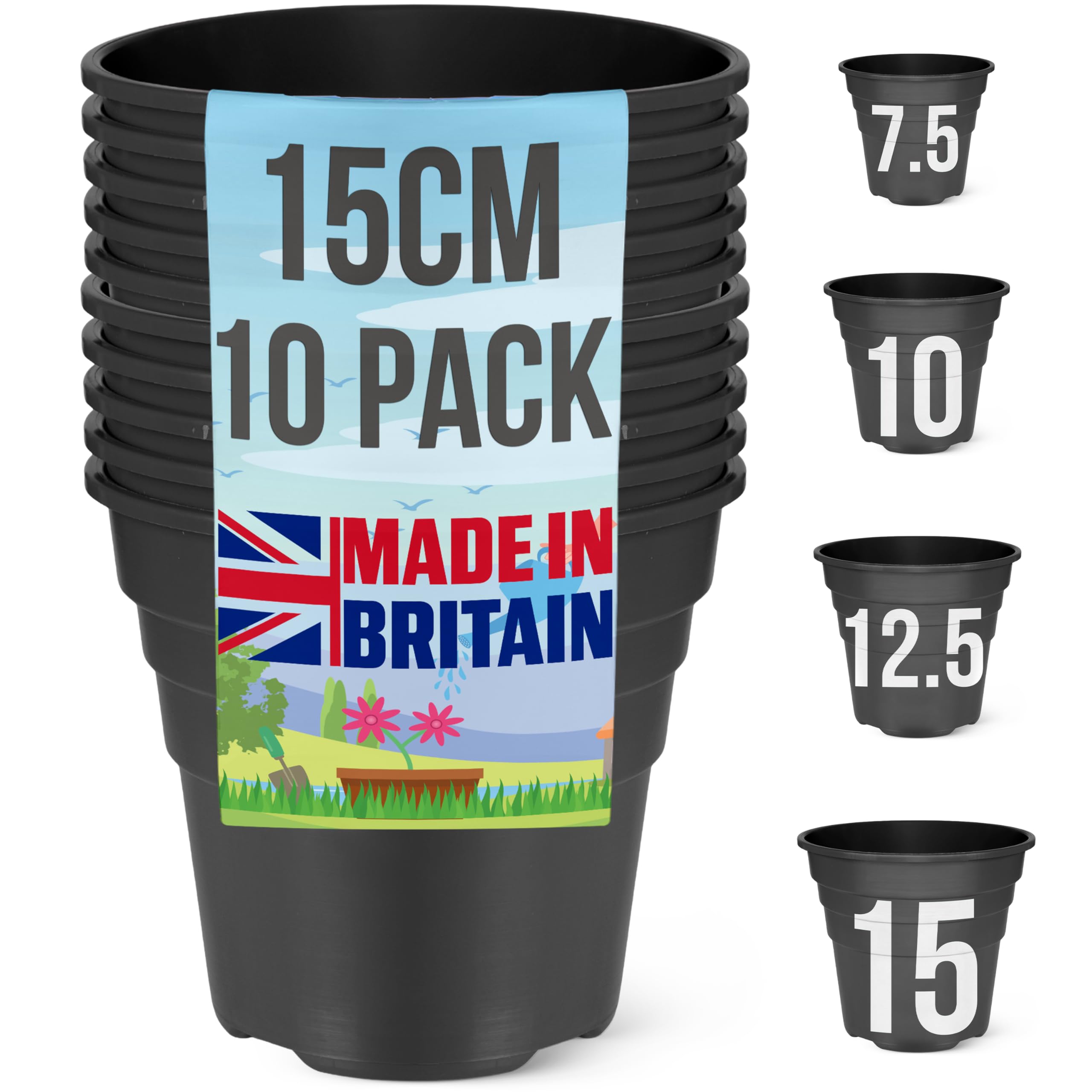 Happy Pots Black - 15Cm Gloss - Pack Of 10 Premium Plastic Plant Pots - Reusable Flower Pots For Indoor/Outdoor Home Décor Gardening - Round, Heavy Duty, Uv Resistant, Recyclable - Made In Uk