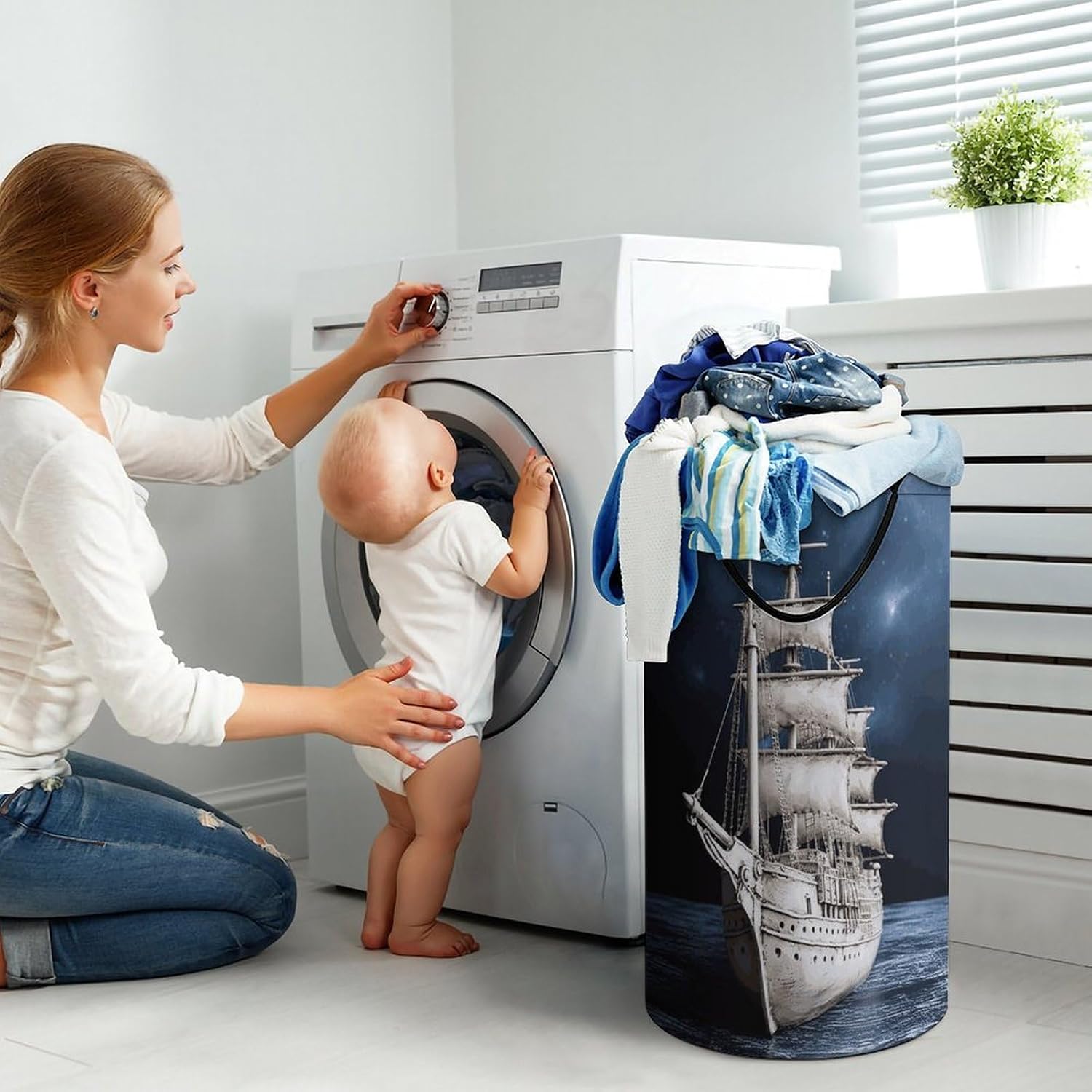 Large Laundry Hamper with Handles Vintage White Laundry Basket Freestanding Waterproof Clothes Hamper for Living Room Bedroom Bathroom College Dorm