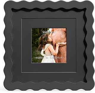 Scalloped 8x8 Picture Frame, Real Glass Wood Frame with Reversible Mat for 4x4/6x6 Prints, Wavy Edge for Wall or Tabletop, Decorative Photo Frame, Black