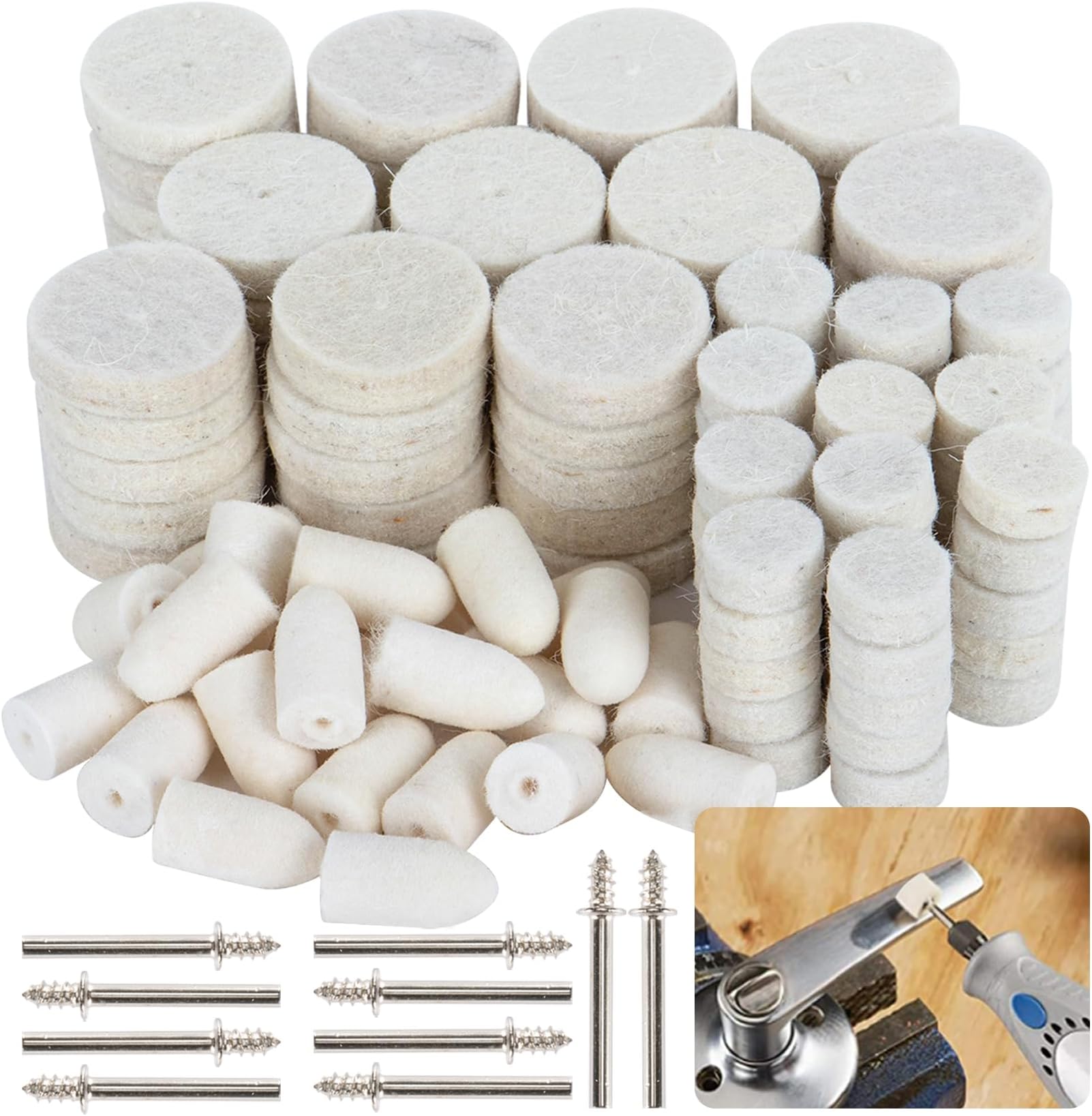 Sukh 145PCS Wool Felt Polishing Pad - Felt Buffing Pad Wool Polishing Bits Buffing Wheel Professional Accessories with Point Mandrel1/8 Inch Shank for Wheels Kit for Dremel Rotary Tools