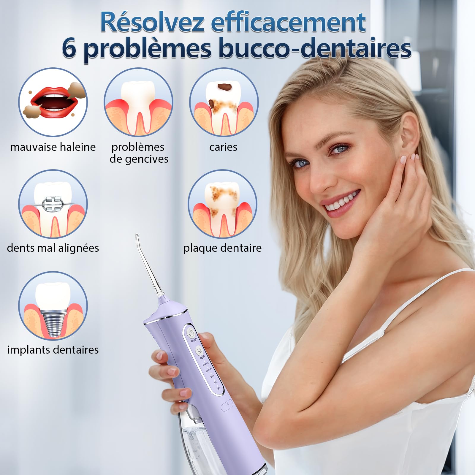 OasiSmile Jet Dentaire Hydropulseur: 5 Embouts Rotatifs 360°, 4 Modes & DIY Pression Réglable, Nettoyage Dents, Irrigateur Oral Étanche IPX7, Hydropulseur Portable 300 ML, Maison et Voyage, Violet