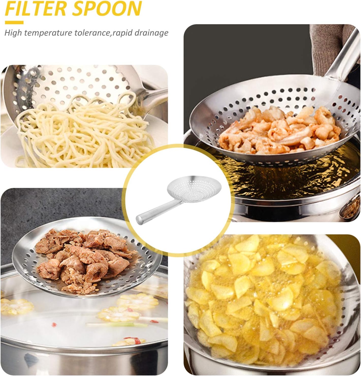Yardwe Stainless Steel Skimmer Spoon 18 Inch Fine Mesh Oil Strainer Multi-Functional Kitchen Gadget for Frying Pasta Vegetables and More