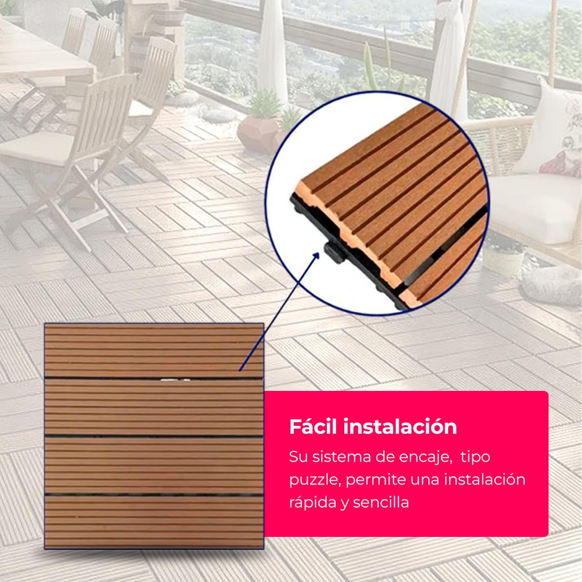Baldosas Madera Composite WPC Terraza Patio Jardin Porche Ext e Int - Antideslizantes Robustas Texturizadas - 30x30x2,5