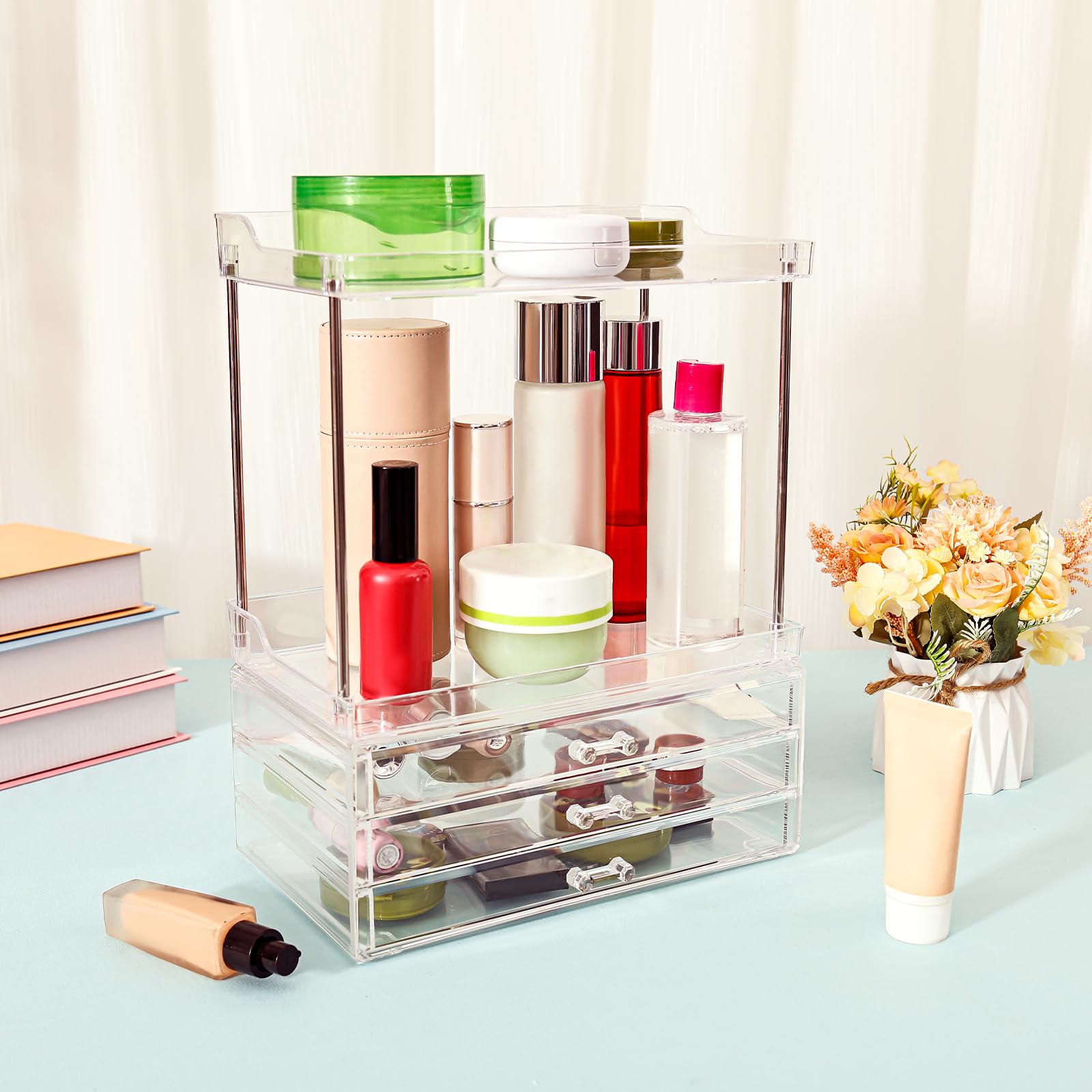 Qinglang Clear Makeup Organiser Storage 2 Tier 3 Drawers Cosmetics Organiser Large Vanity Organizer Dressing Table Organizer Countertop Bathroom Storage For Home Bedroom Bathroom