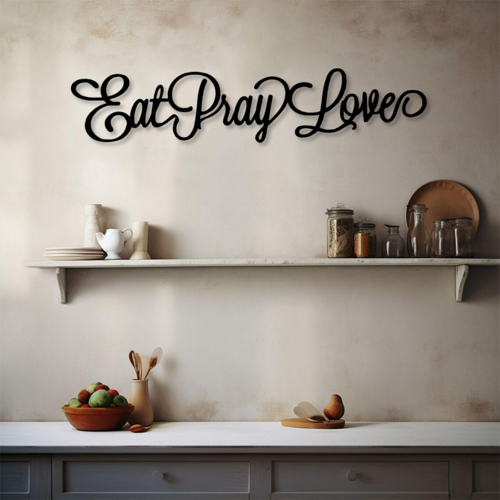 Decorazione murale in Metallo, Arte murale, Parole Eat Pray Love, Scritta Kitchen Word, insegna per Cucina, 41"X9" (105X22 cm), Oro.