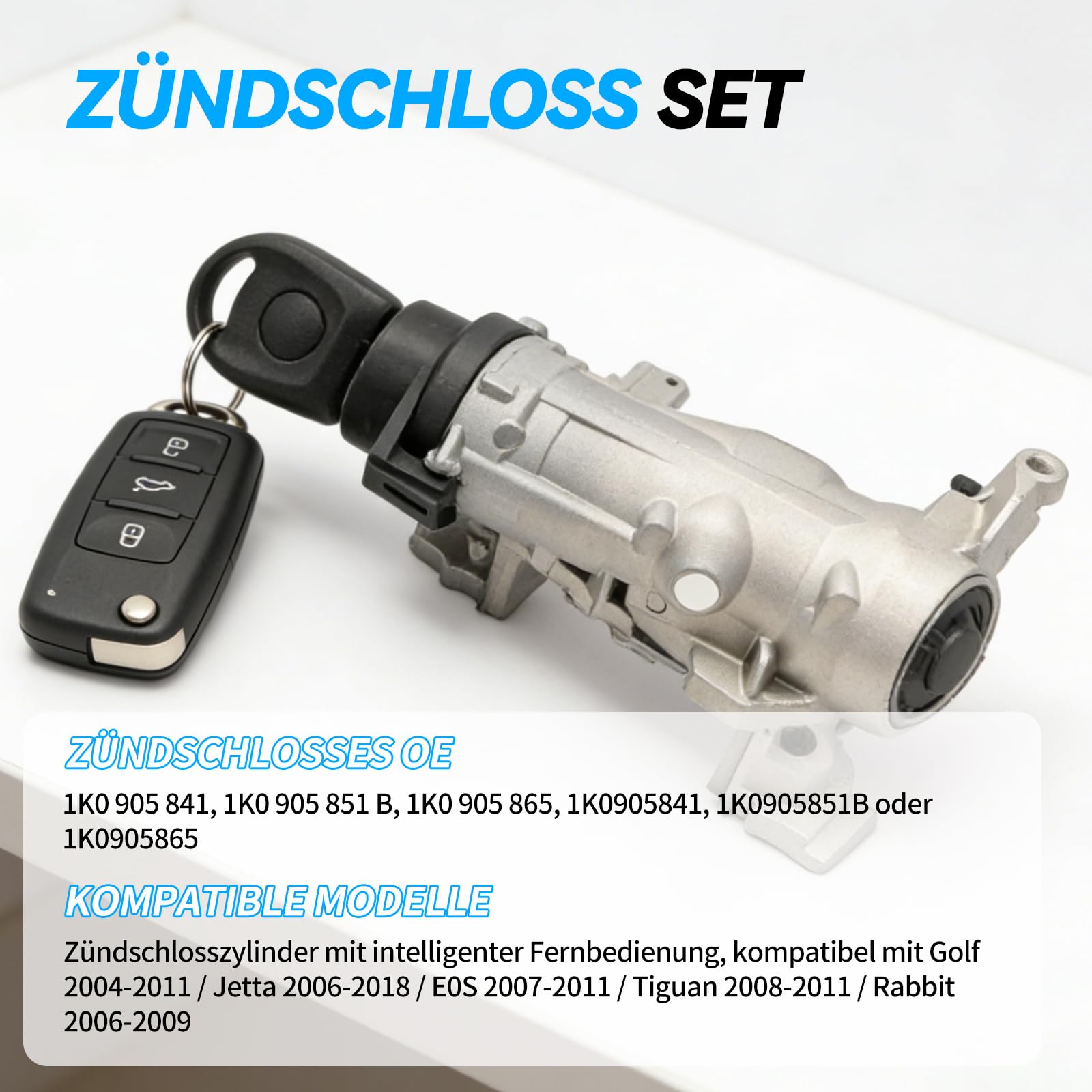1K0905851B Zündschloss Zündschalter Set mit 2 Schlüsseln+Fernbedienung für A3 Q3 TT Seat Alte Leon Beetle Golf Jetta Passat Lenkradschloss Gehäuse 1K0905865 1K0905855C