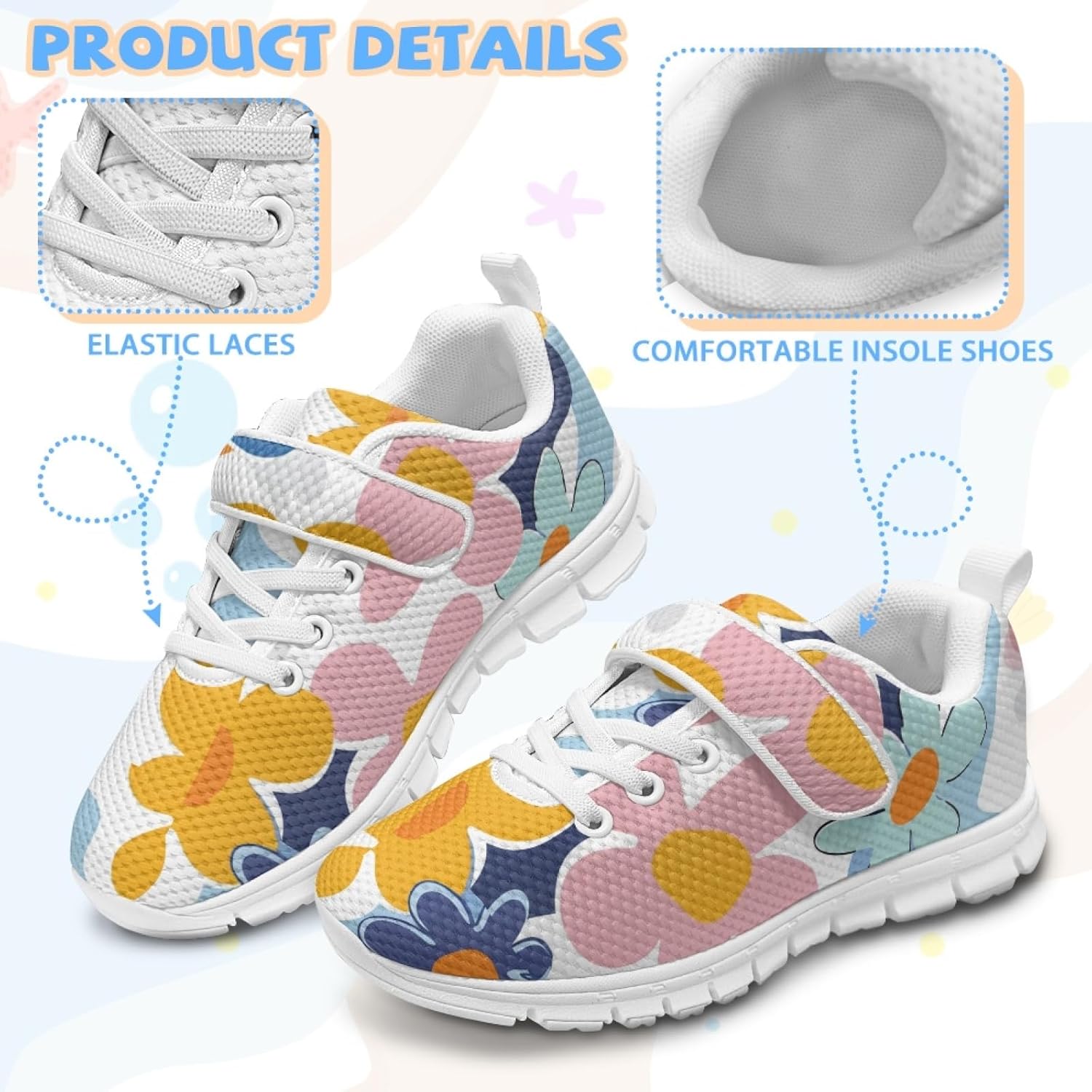 Floral Lightweight Girls Running Shoes with Hook and Loops Breathable Safe Walking Bowling Shoes Lace Up Soft Materials Sneakers for Kids Indoor Daily Casual Stitch Sneakers for Girls