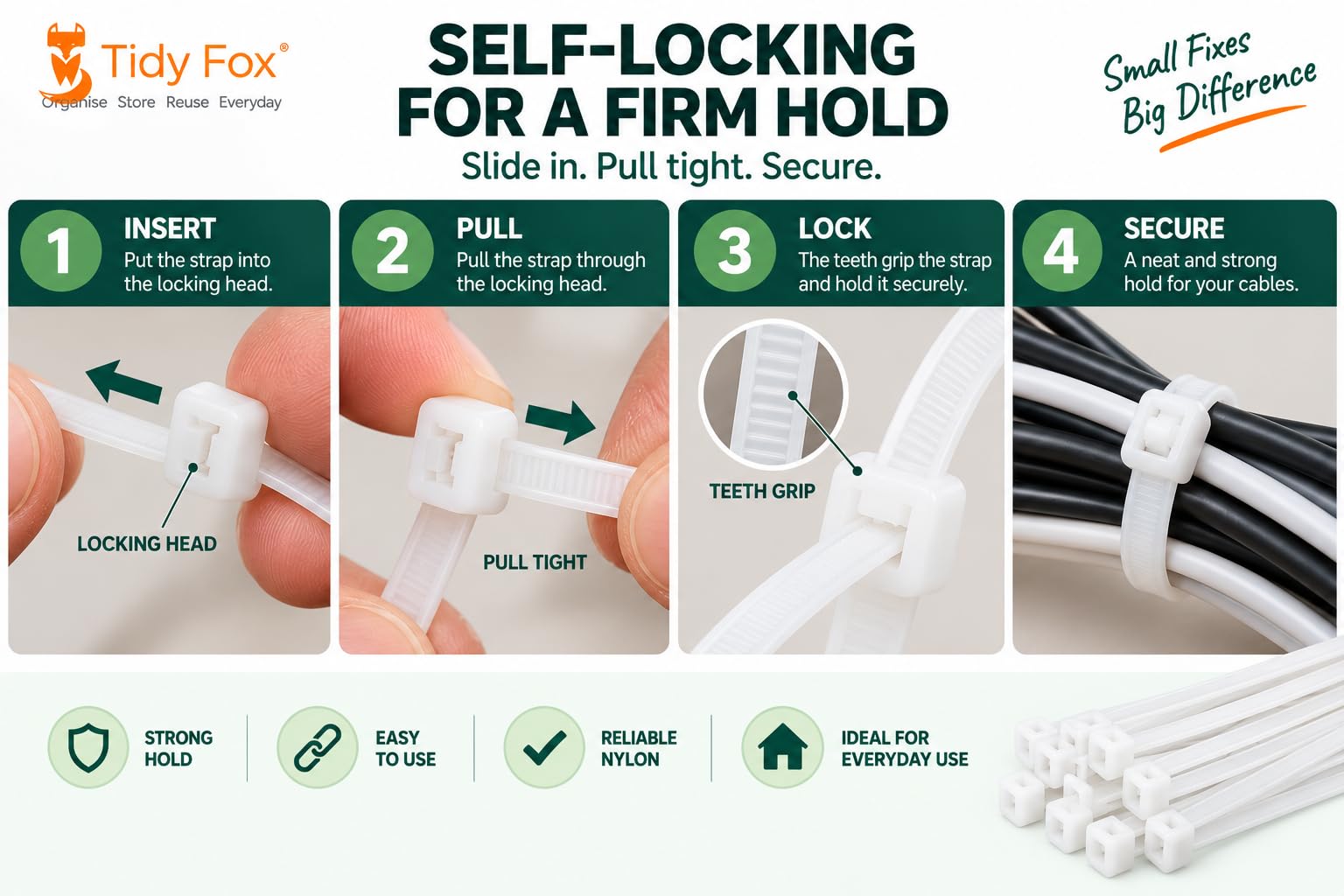 Tidy Fox Nylon Cable Ties, Self Locking Zip Ties, 4 inch (100 mm) x 2.5 mm, Pack of 100, White, for Cable Management and Home and Office Wire Organising, Made in India — Amazon image 5