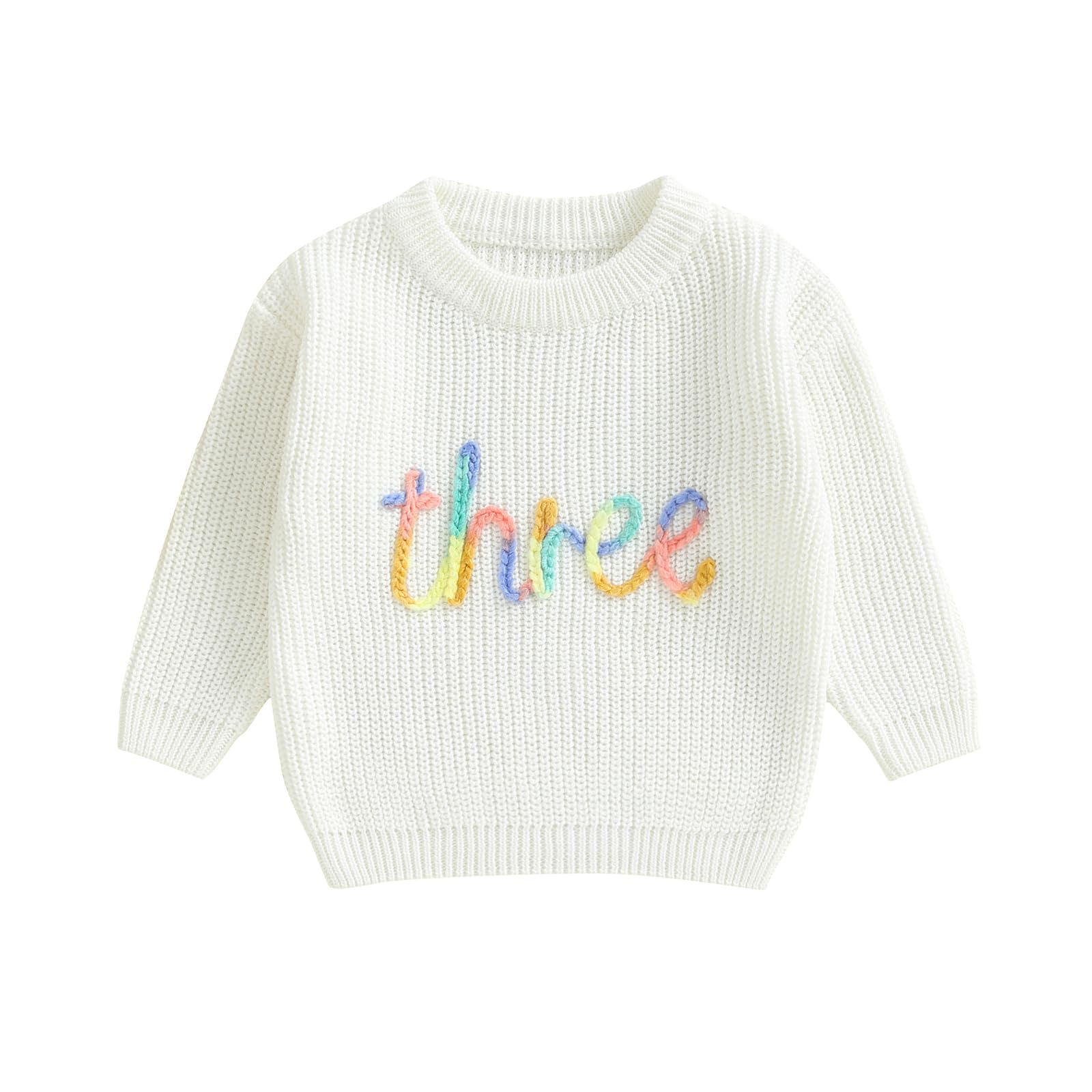 Toddler Baby Girl Birthday Sweater Long Sleeveless Letter Embroidery Pullover Knitted Tops Fall Winter Clothes (C-White, 3T)