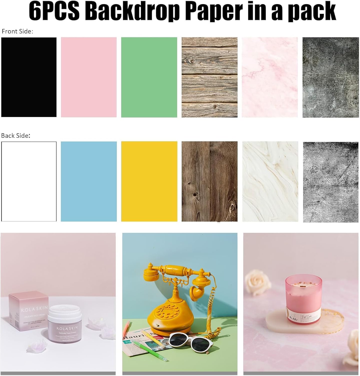 Double Sided 6PCS Photography Backdrop Papers and 2PCS Photo Backdrop Boards, 24x24in, with Carry Bag and Components, 16 Pattern Background Set for Photographic Needs, Waterproof, Portable, EOAJAFOU