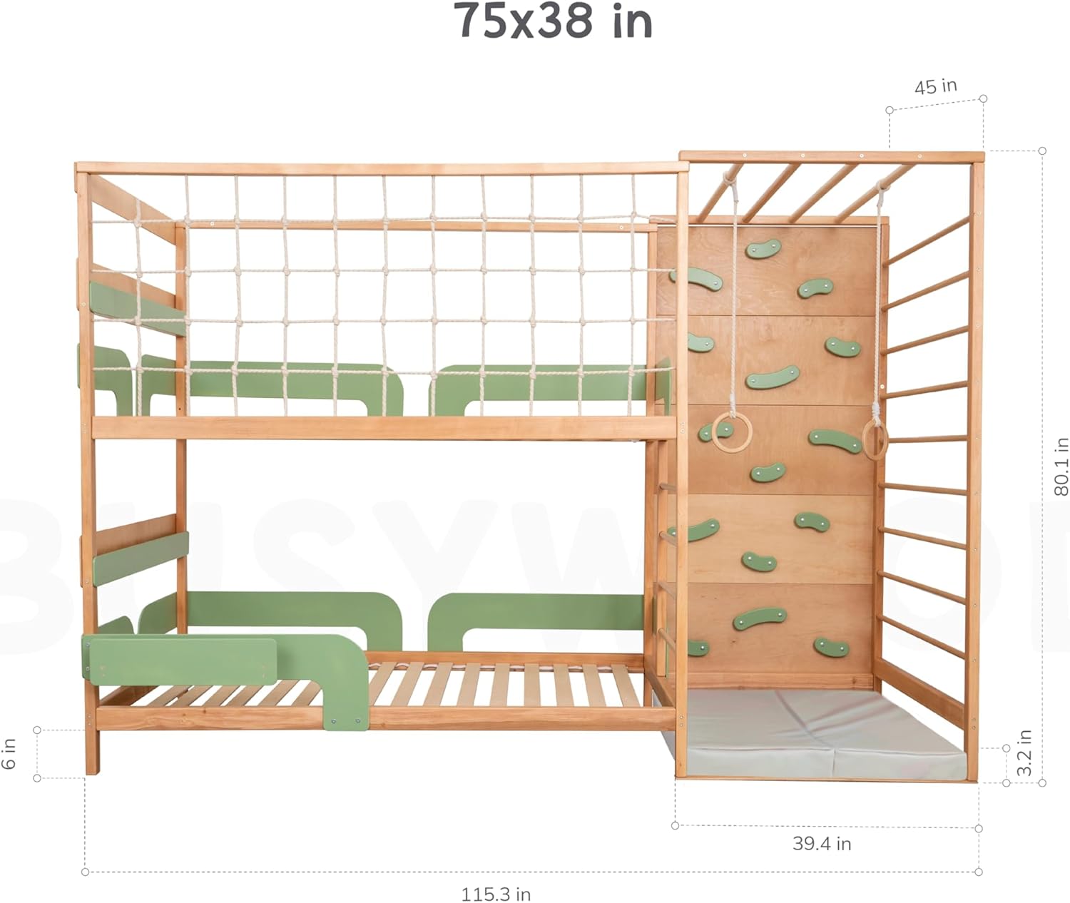 BUSY WOOD Montessori Twin Floor Bed for Toddler - Climbing Set for Kids - Jungle Gym Bedframe