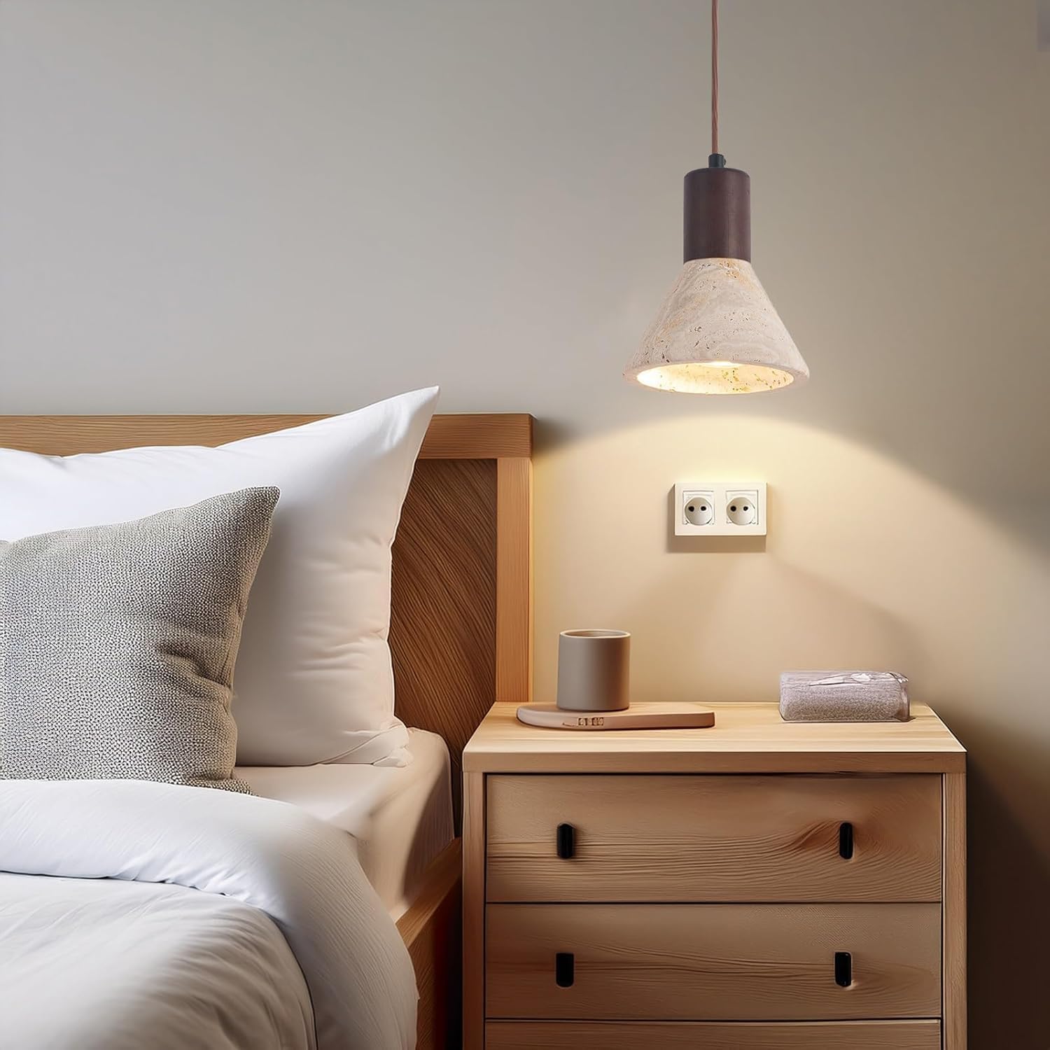 Modern Travertine Stone Light, Adjustable Height Conical Shade Hanging Lamp, Vintage Wabi-sabi Style Ceiling Fixture for Bedside, Bedroom,Dining Room,Kitchen Island