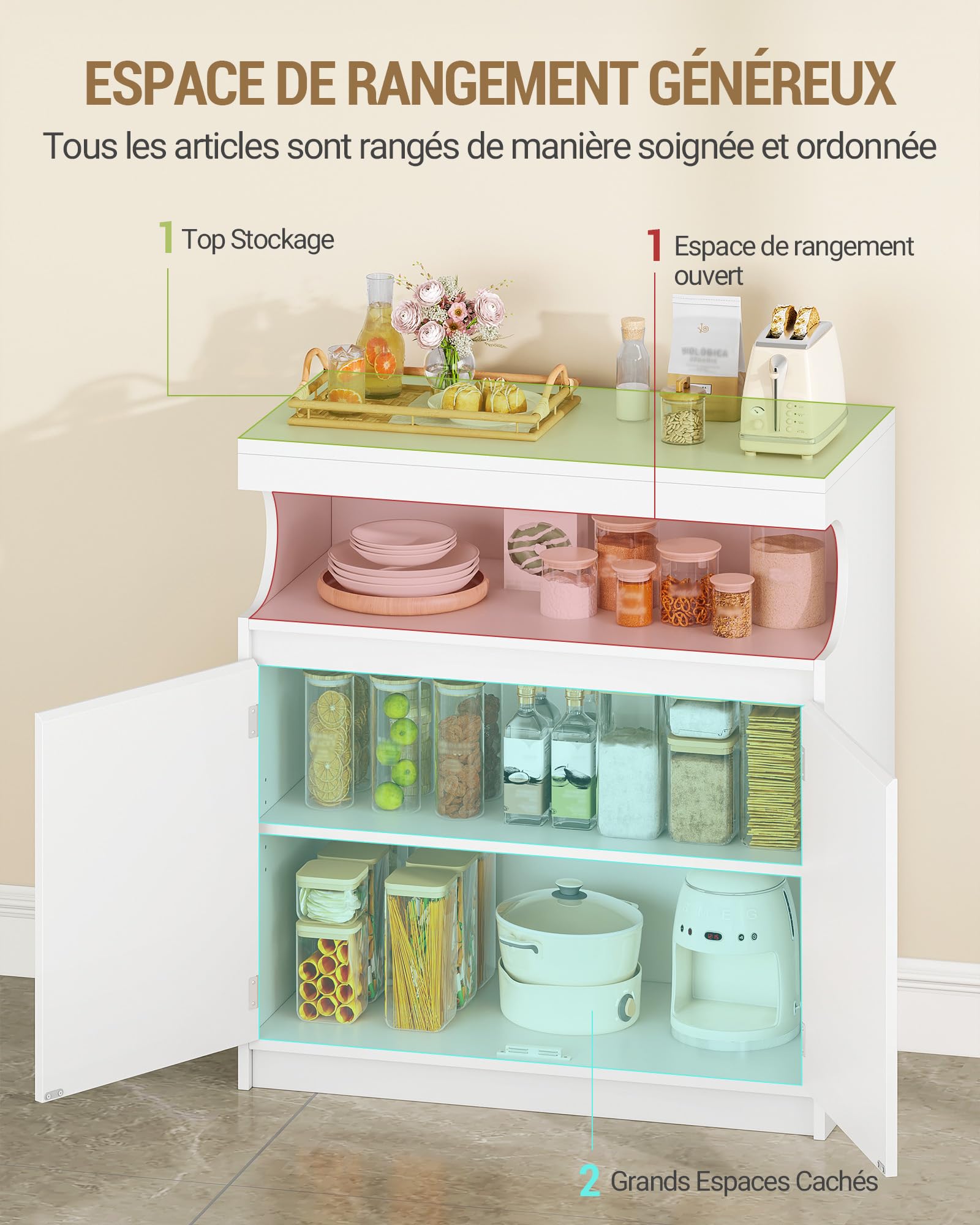 Hzuaneri Meuble Cuisine, Buffet à 2 Portes, Meuble de Rangement avec Espace Ouvert, Commode, Style Moderne, Étagères Réglables, Adapté à la Cuisine ou au Salon, 40 x 80 x 85 cm, Blanc SC80003X | Section de buffet ouverte, étagères réglables, armoire de ra