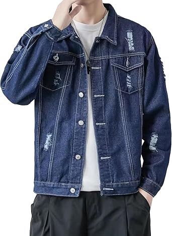 Men Hole Handsome Casual Trend Denim Jacket Classic Ripped Button Jean Jacket Spring Breasted Pocket Denim Outerwear
