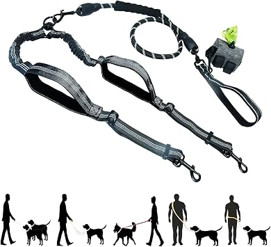 Double Dog Leash No Pull Bungee Hands Free Black Large Dogs | Waist/crossbody for Medium dog walking, car seatbelt, 4 padded handles, reflective strips, tangle-free swivel