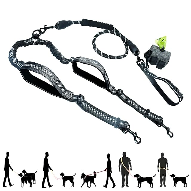 Tiesenci Correa Doble Manos Libres NoPull Bungee Negro Perros Grandes