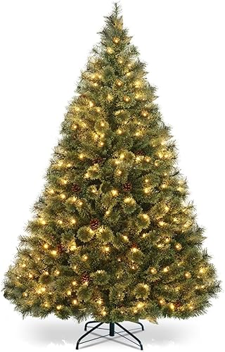 HAPPYGRILL Árbol de Navidad artificial con bisagras de 6 pies con 484 puntas y 260 luces LED, 49 conos de pino y soporte de metal plegable,