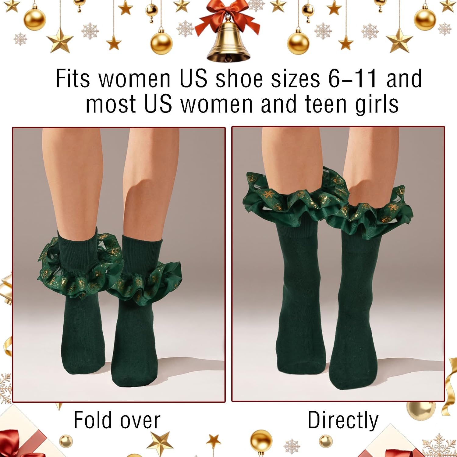Women Christmas Ruffle Socks, Adult Foldover Cuff Double Lace Frilly Bobby Fancy Sock, Snowflake Pattern(Red Green) - Image 6