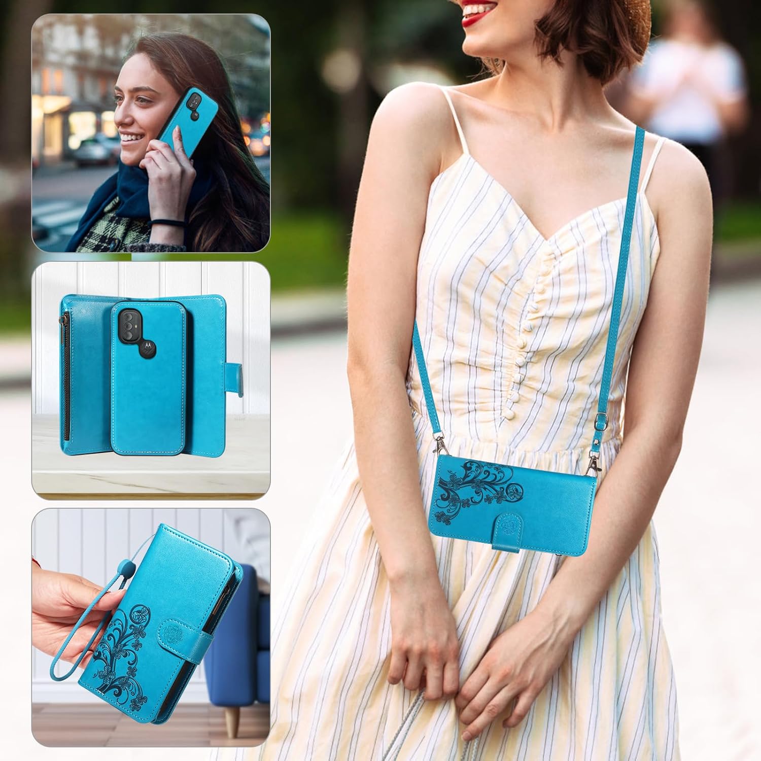 Asuwish Phone Case for Motorola Moto G Power 2022/MotoG Play 2023/G Pure 2021 Zipper Wallet Cell Cover with Screen Protector Strap Flower Card Holder XT2271DL XT2165DL XT2163DL XT2165-5 XT2271-5 Blue
