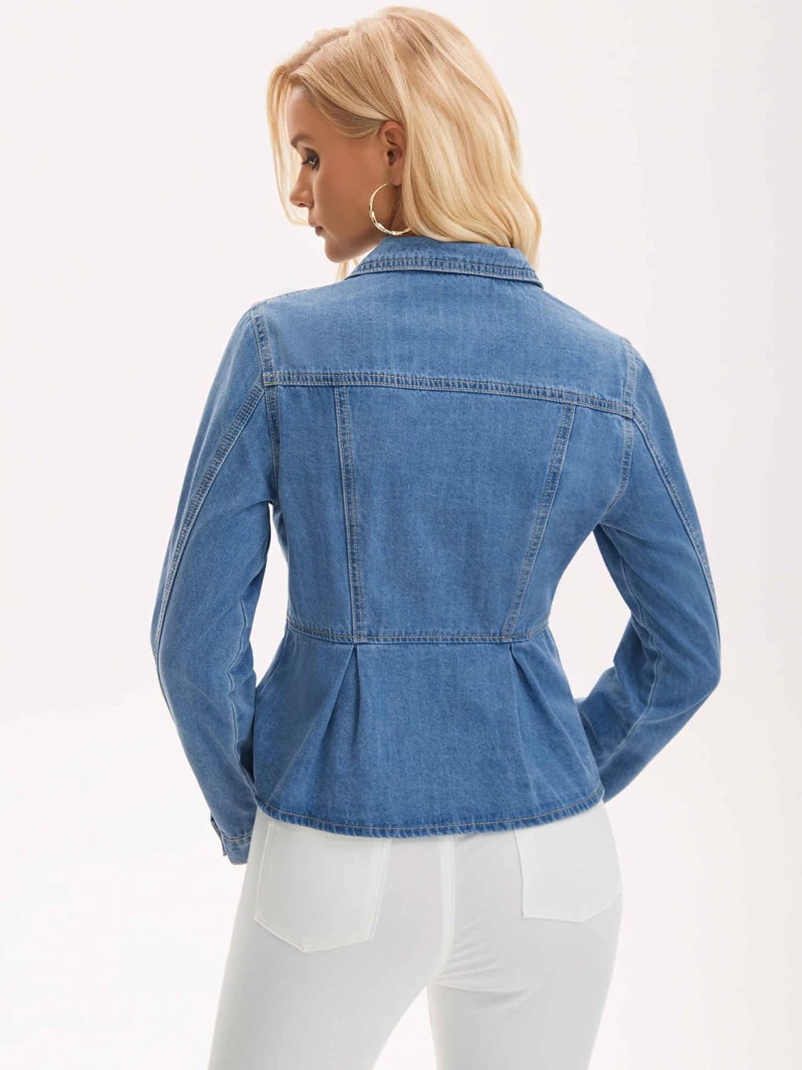 Women's Denim Jacket Button Down Collar Ruffle Hem with Pockets Peplum Jean Jackets - Image 4