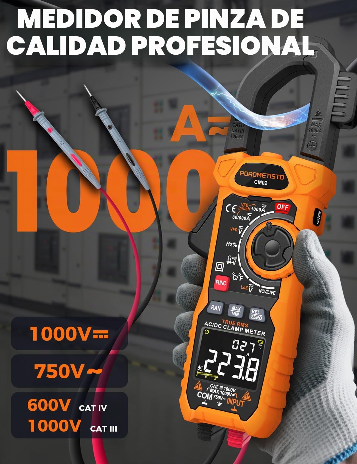 Pinza Amperimétrica POROMETISTO CM02,True RMS 6000 Cuentas 1000A AC/DC | Modo VFD,LOZ,Multimetro Digital Profesional mide corriente, voltaje, frecuencia, temperatura y capacitancia