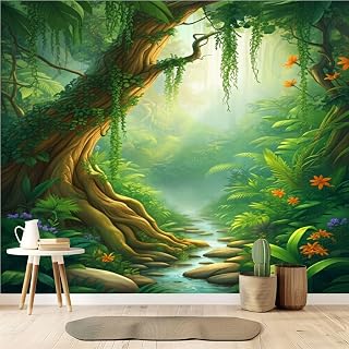 Wallpaper Peel and Stick 69'' x 96'' Self-Adhesive Wall Mural Tropical Rainforest Flowing Stream Vibrant Flora Removable Wall Sticker Renter Friendly Decal for Kids Bedroom