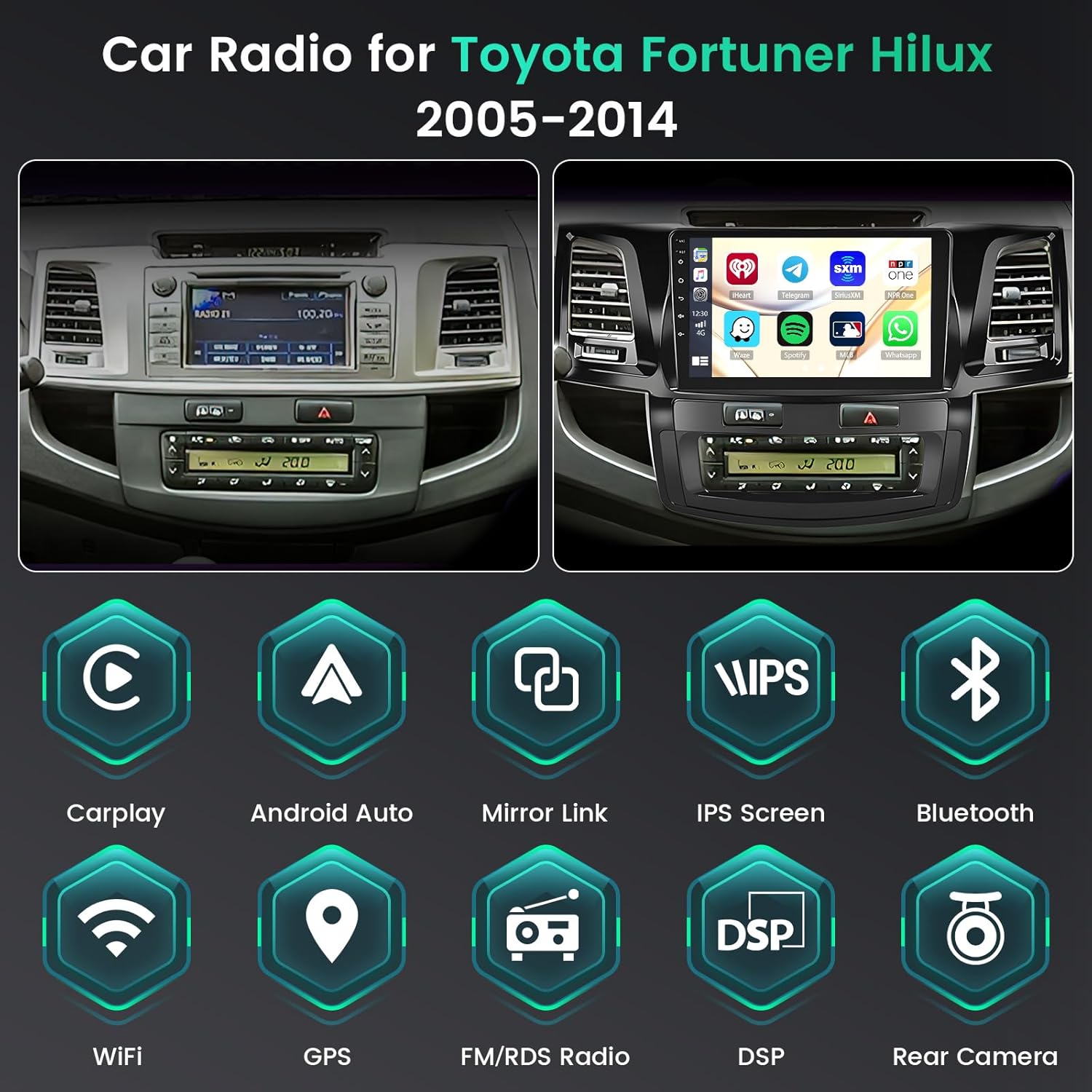 [8 Core 4+64GB] Android 15 Car Stereo for Toyota Fortuner Hilux 2005-2014, Hikity 9'' Touchscreen Hilux Car Radio Wireless Carplay Android Auto, Bluetooth 5G WiFi DSP/32EQ/FM/RDS GPS SWC Backup Cam