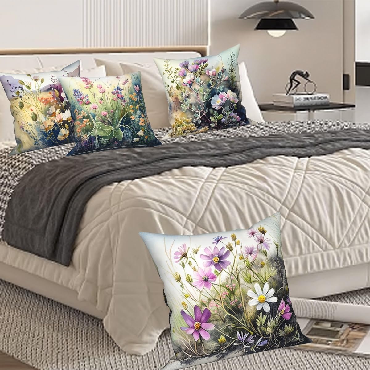 Wild Flower Throw Pillow Covers 22''x22'' Set of 4, Spring Blooming Floral Garden Pillowcases Colorful Printed Cushion Covers for Couch Sofa Home Bedroom Farmhouse Livingroom Patio Car