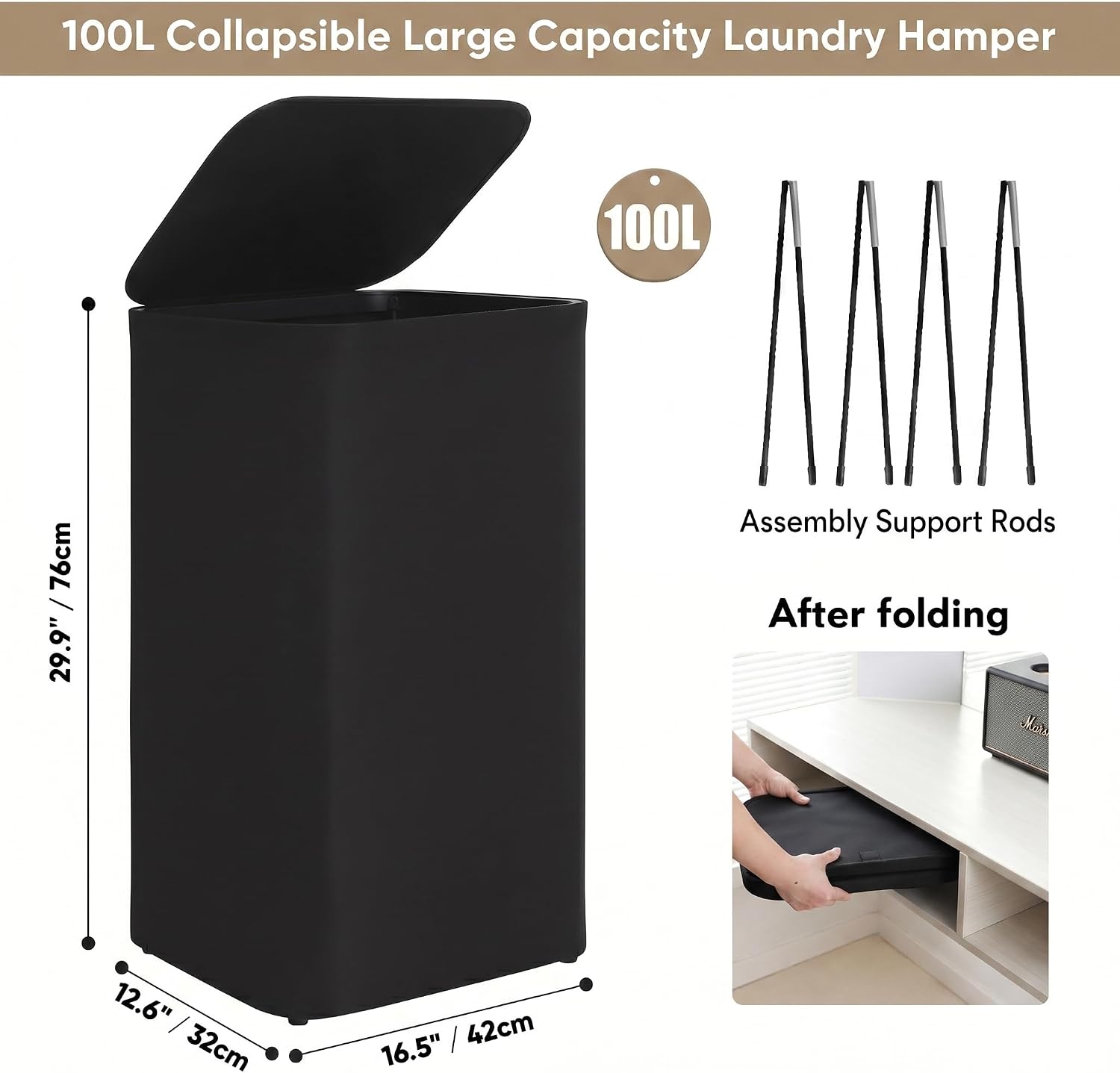 DOKEHOM 100L Laundry basket Hamper with Lid & Removable Mesh Bag, Black image 3
