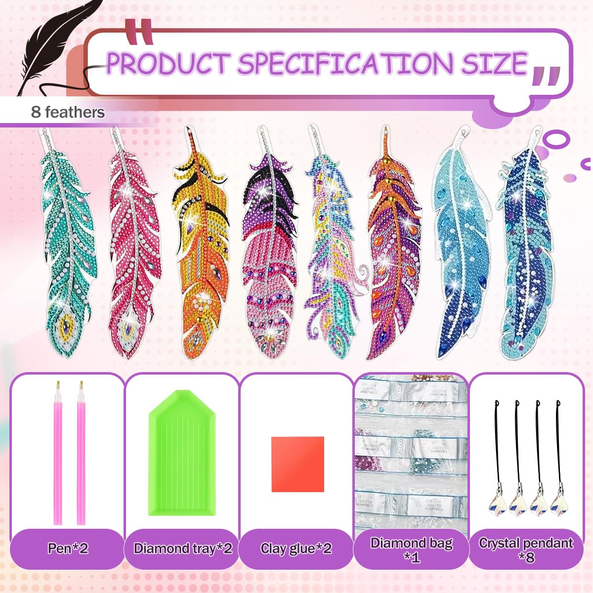 Kit 6 Marque-Pages Diamond Painting à DIY - 5D Art Avec Plumes Et Pendentifs - Activité Manuelle Pour Enfants 6-12 Ans Et Adultes